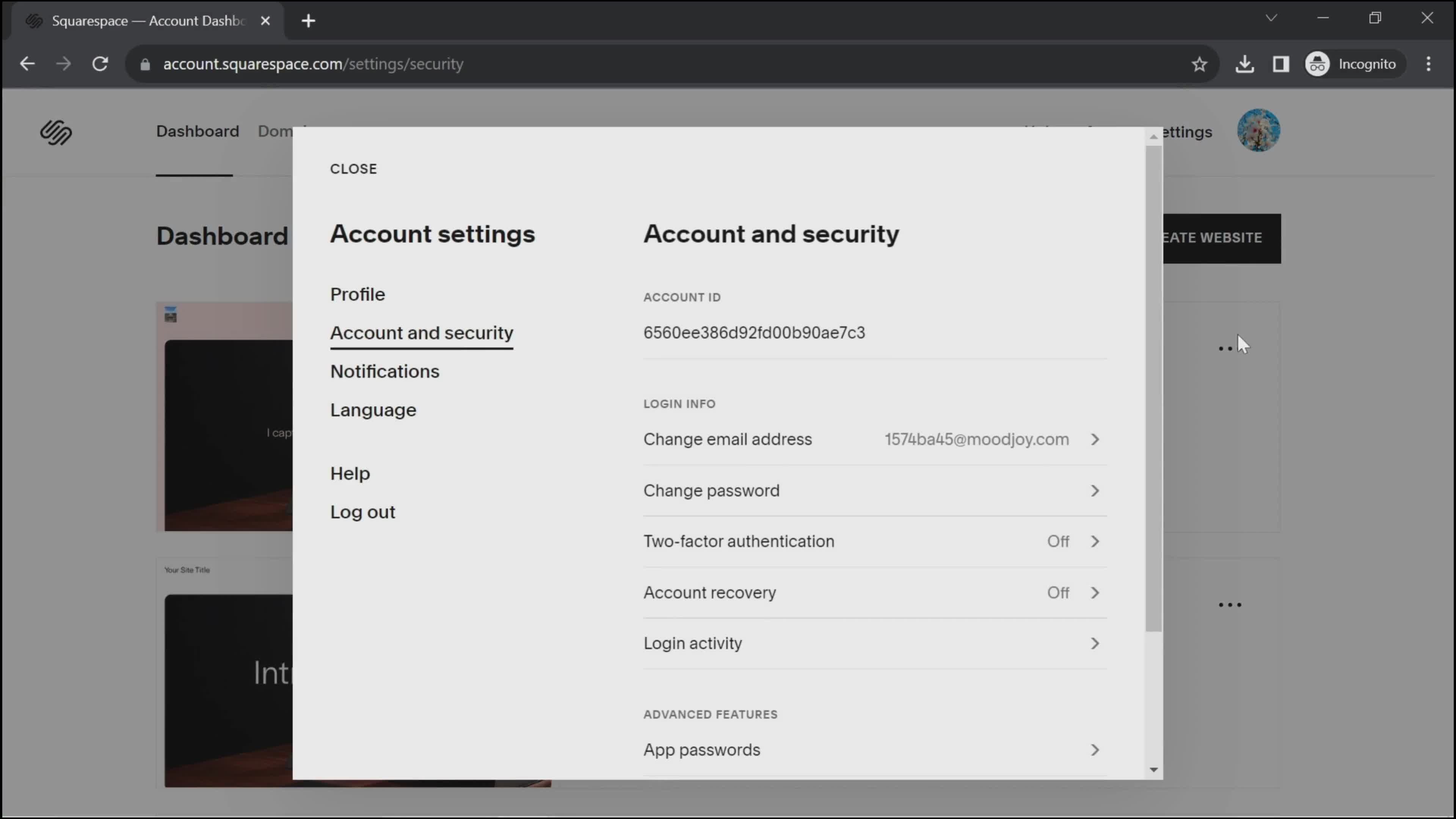Squarespace security settings screenshot