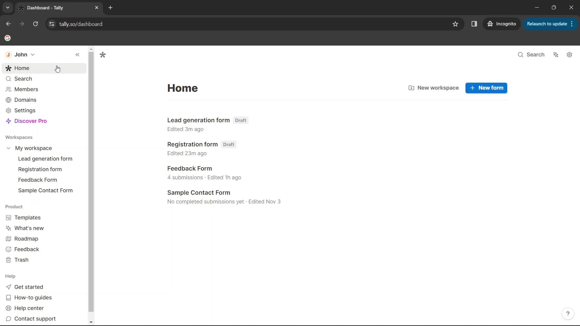 Screenshot of Dashboard on General browsing on Tally user flow