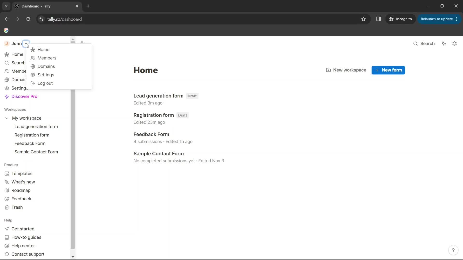 Screenshot of Account menu on General browsing on Tally user flow