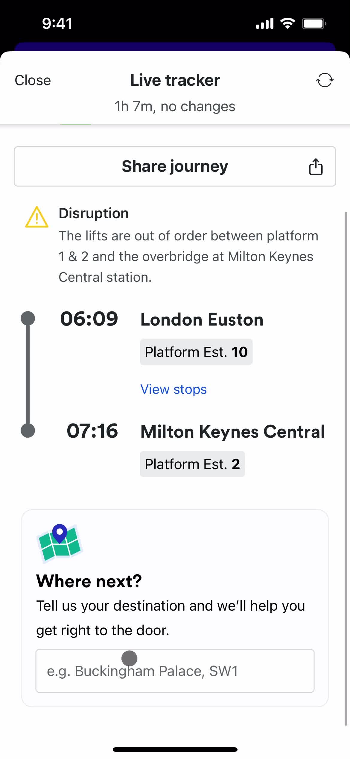 Trainline route details screenshot