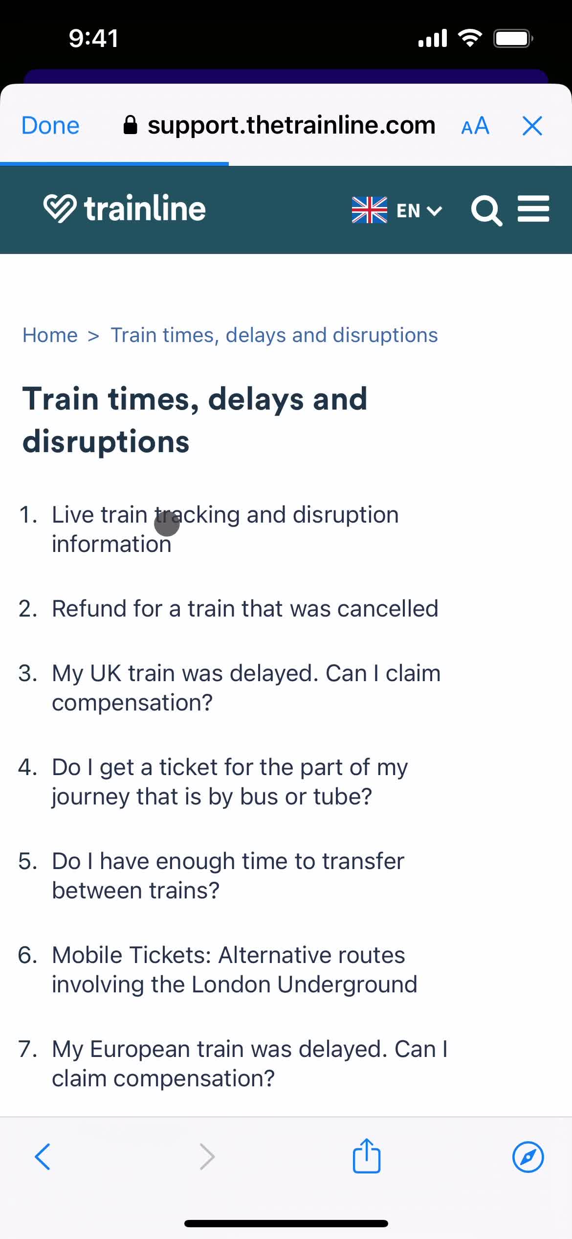 Trainline help center category screenshot