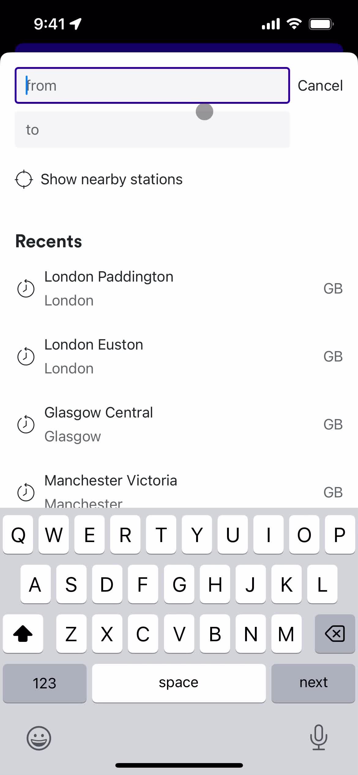 Trainline search location screenshot