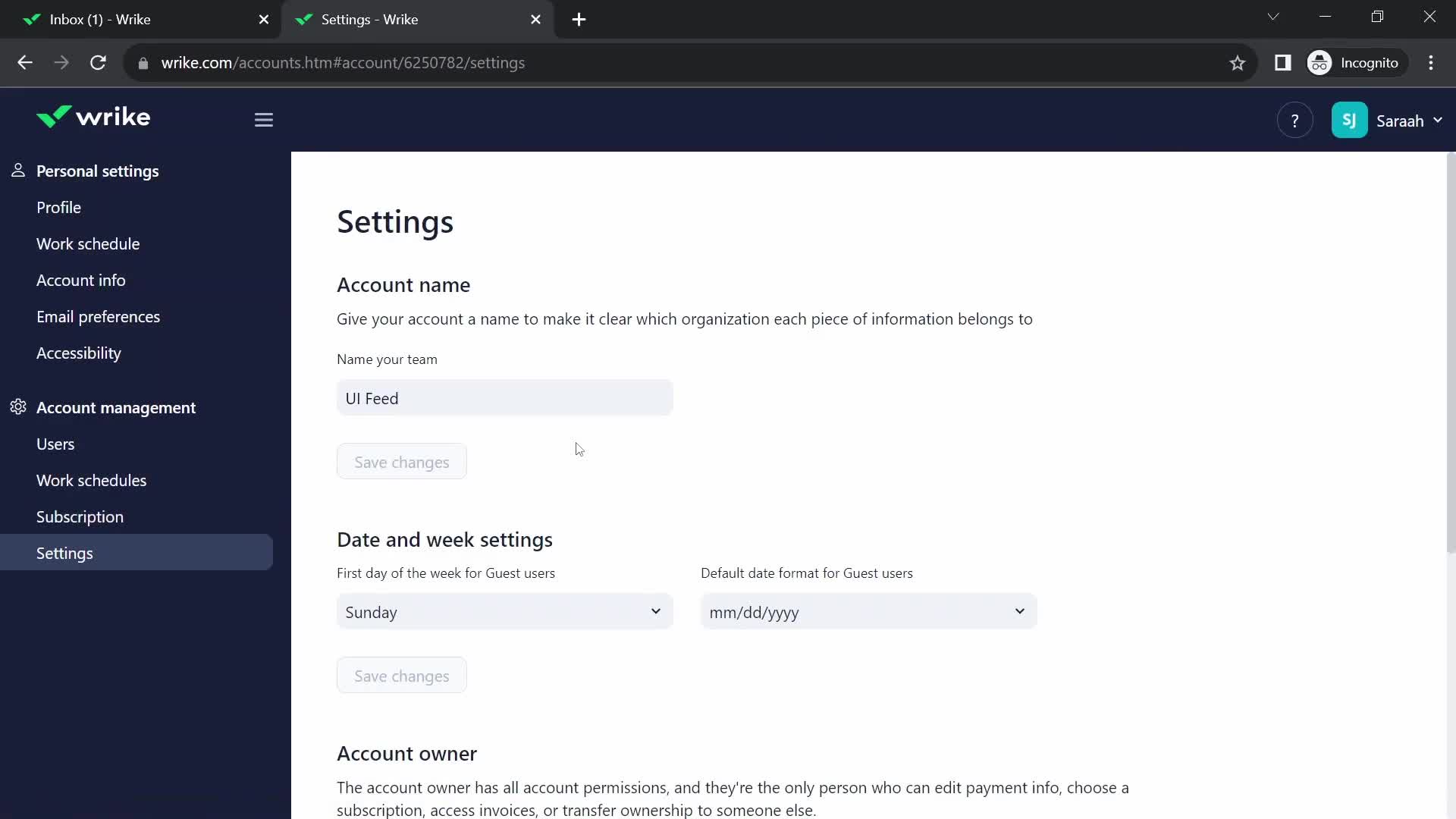 Screenshot of Account settings on General browsing on Wrike user flow