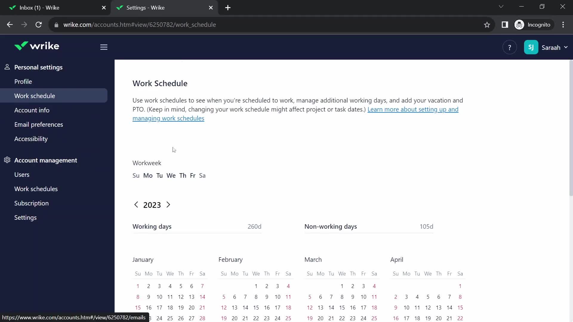 Screenshot of Schedule on General browsing on Wrike user flow