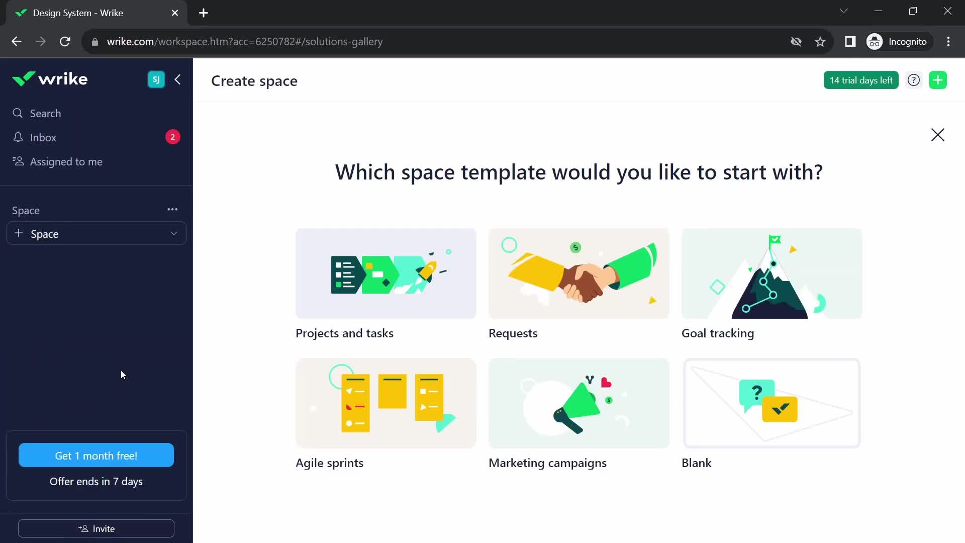 Screenshot of Create space on General browsing on Wrike user flow