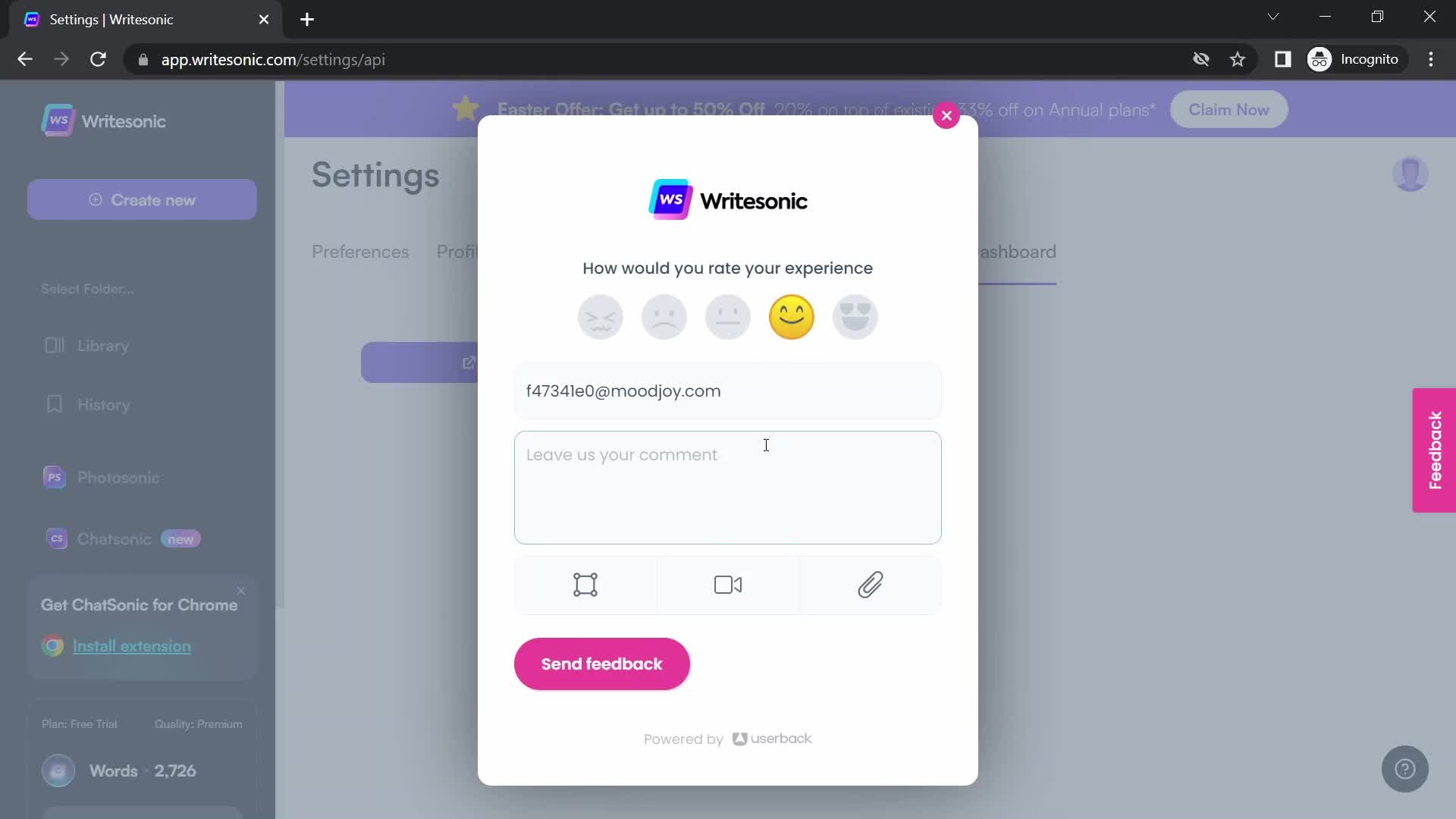 Writesonic share feedback screenshot