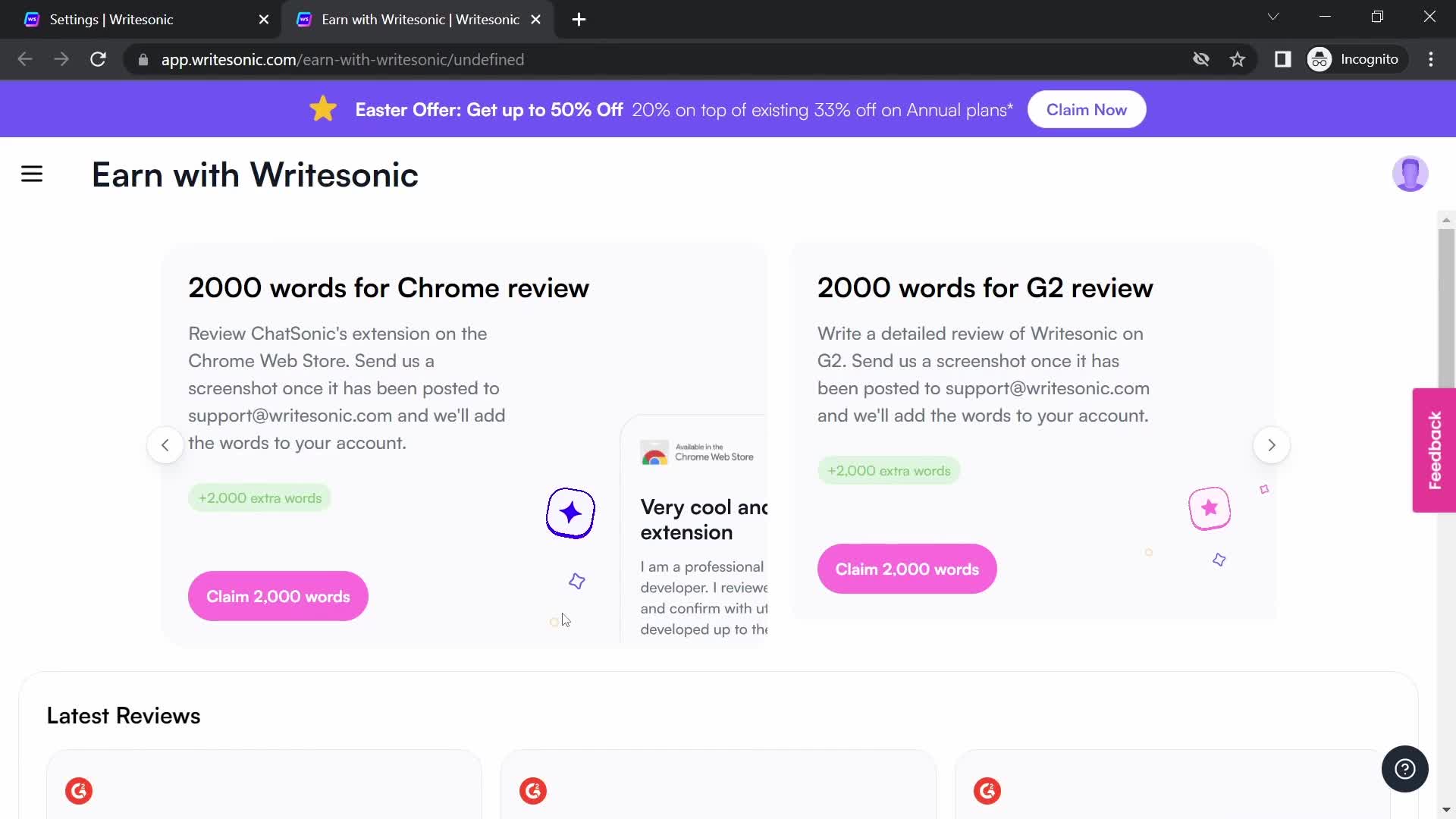 Writesonic rewards screenshot