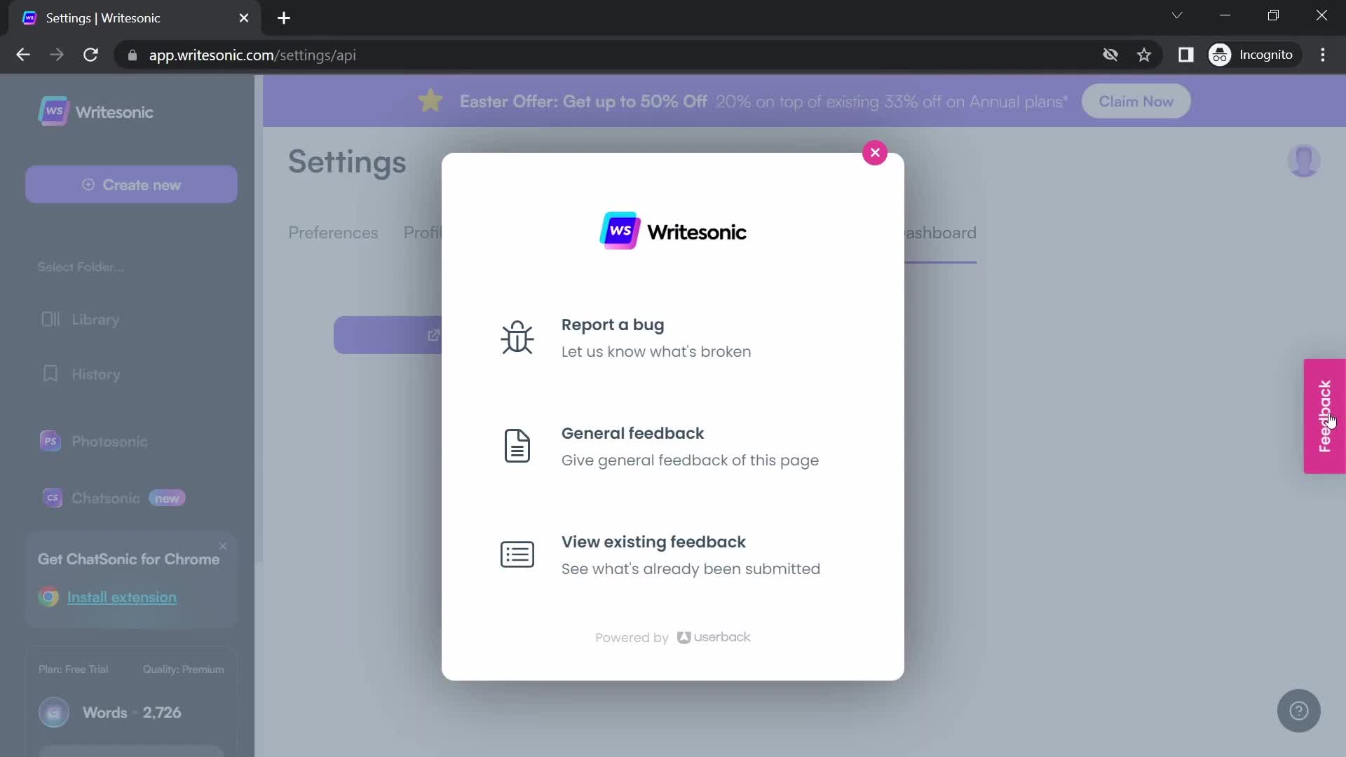 Writesonic share feedback screenshot