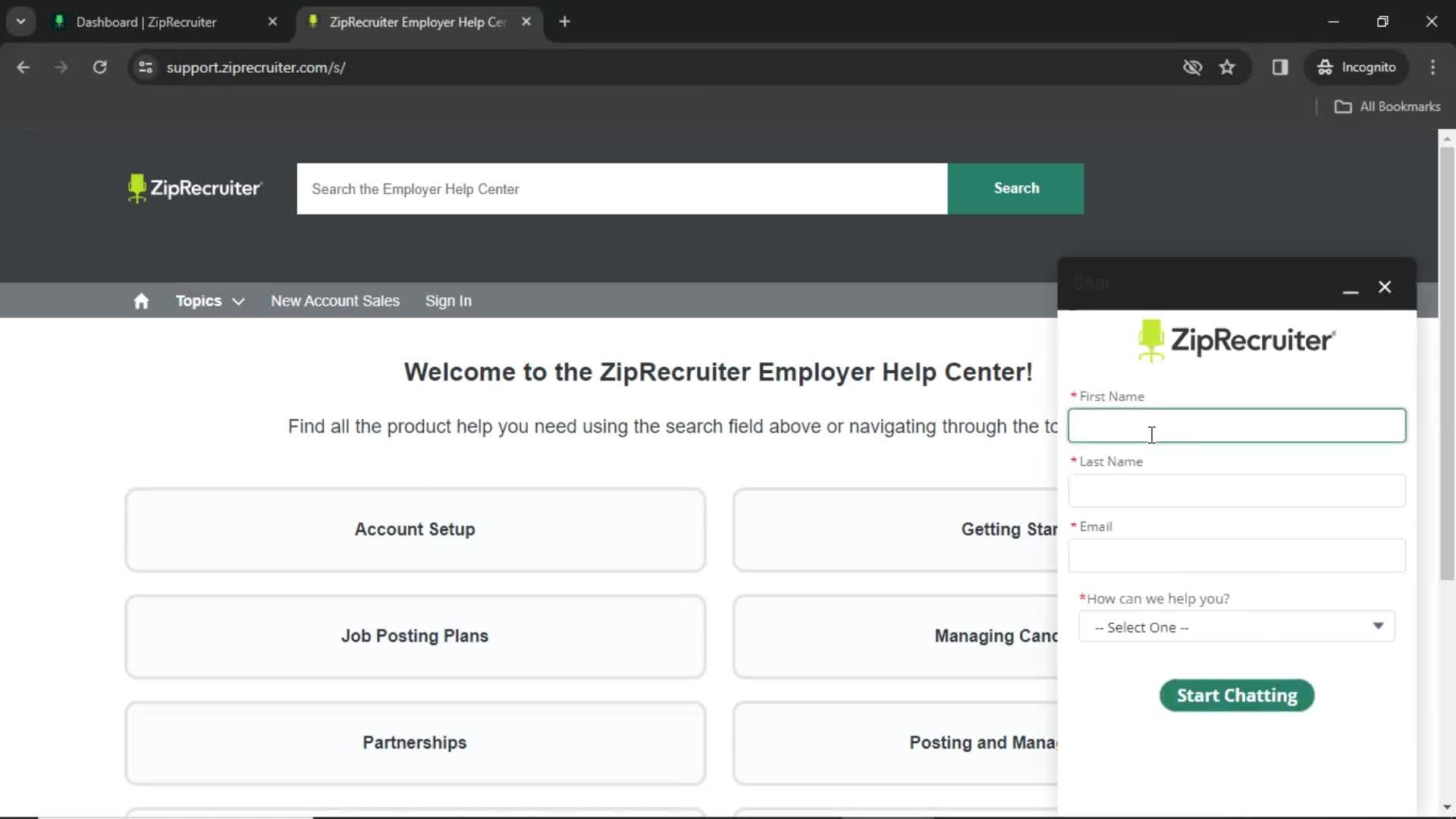 Help center screenshot