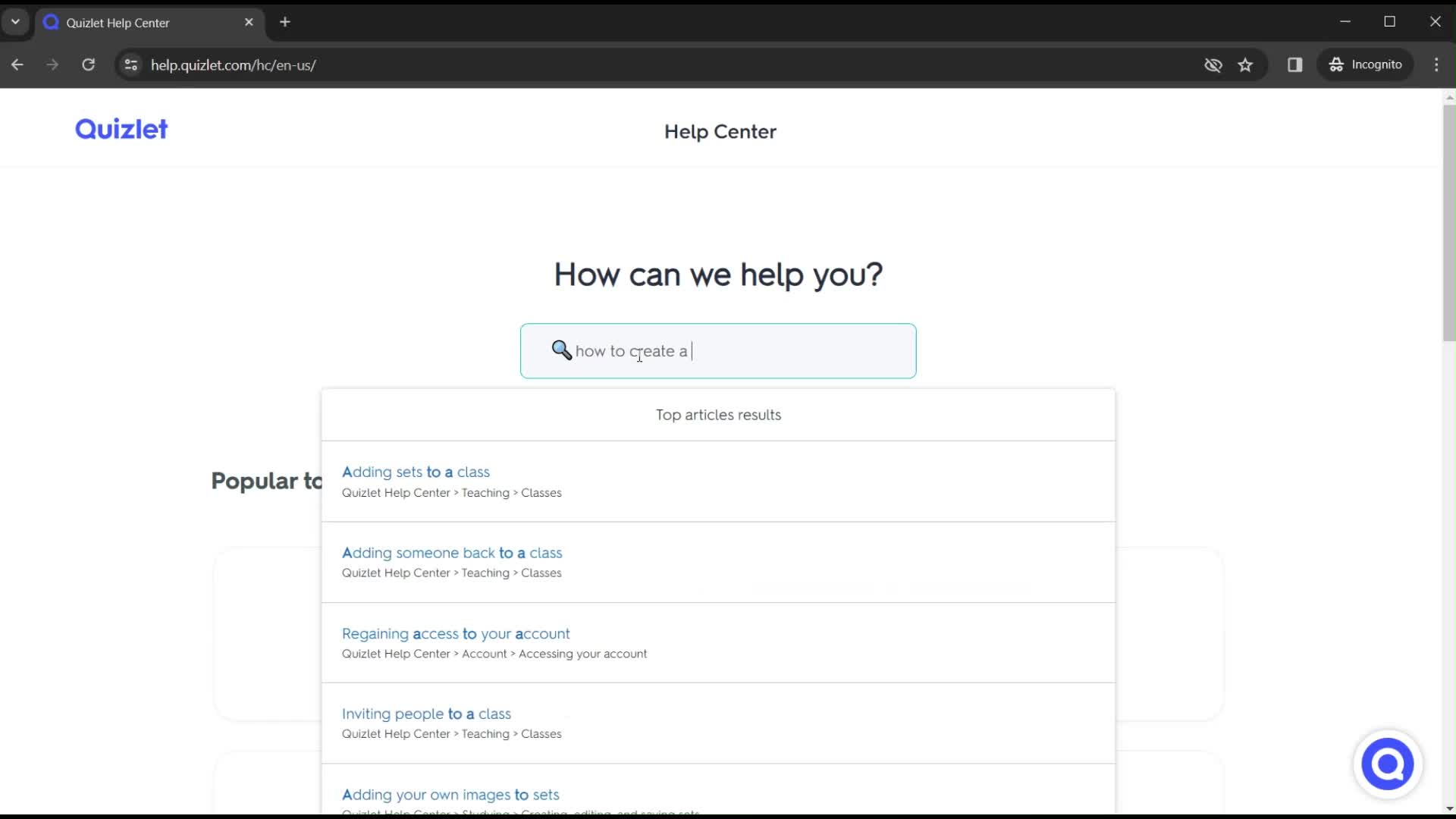 Help center screenshot