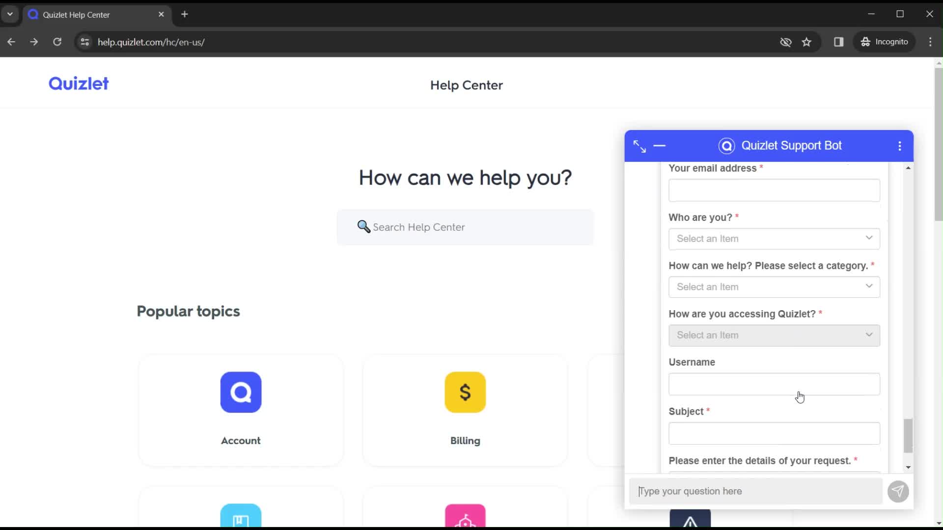 Help center screenshot