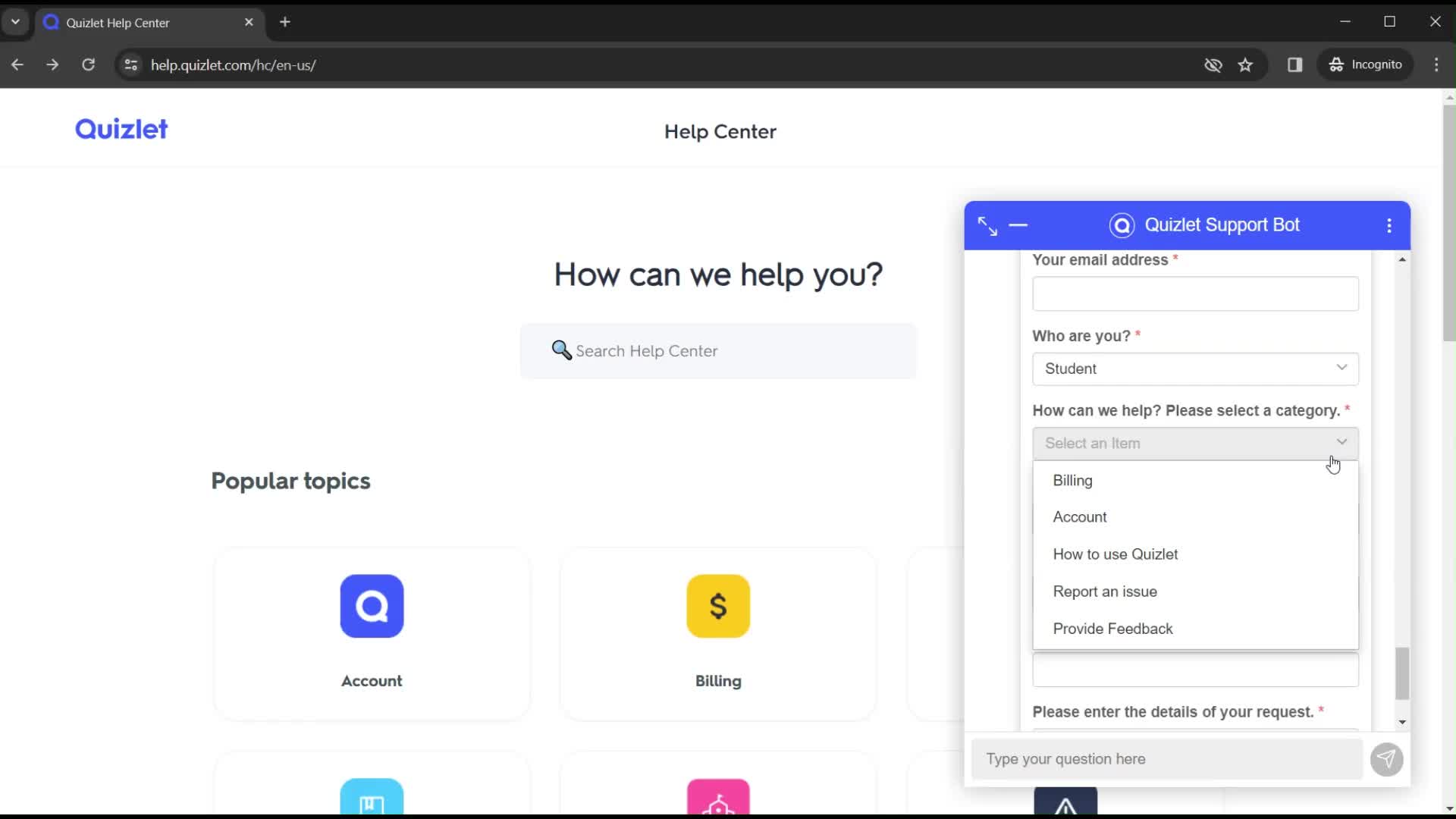 Help center screenshot