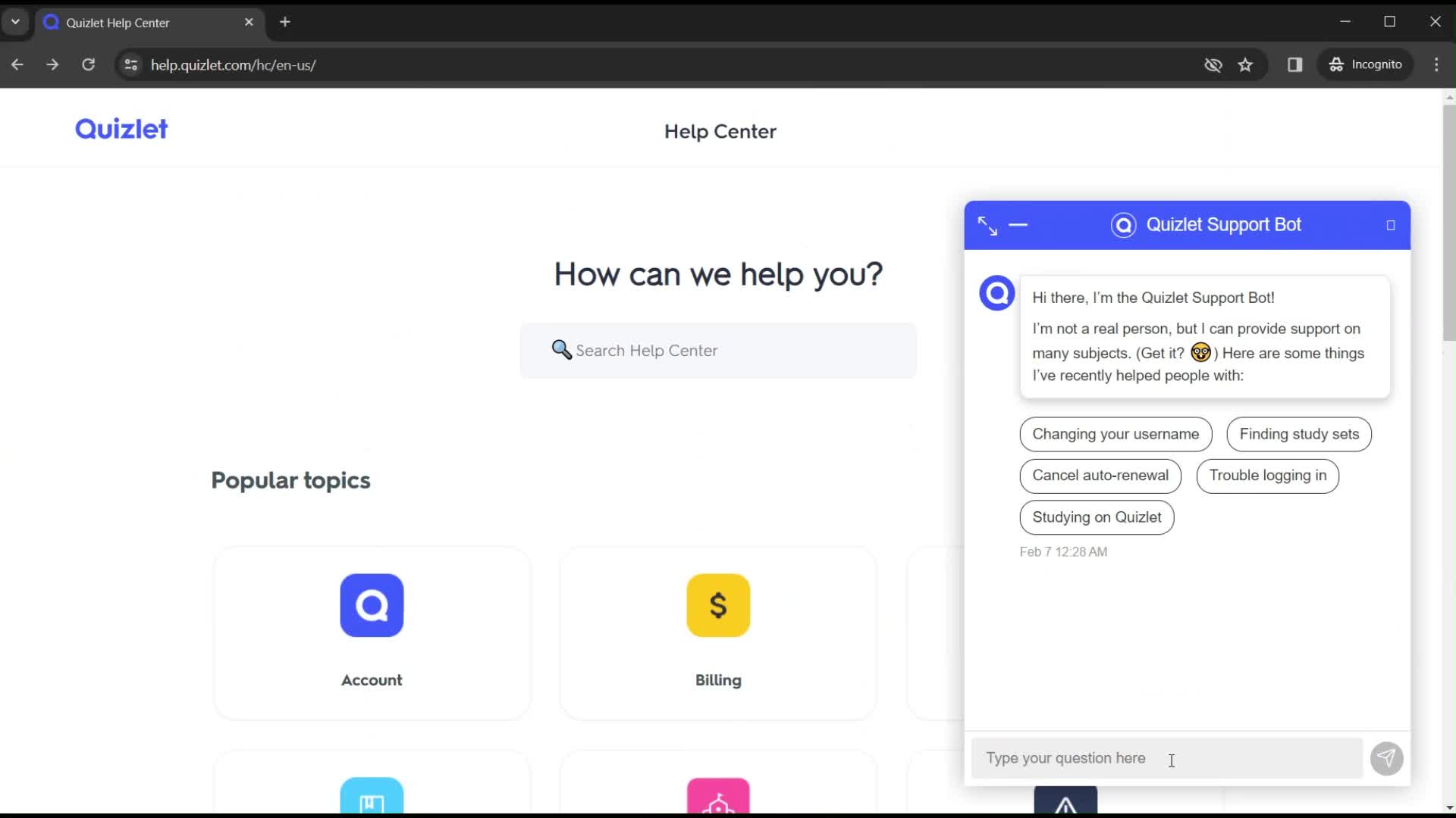 Help center screenshot