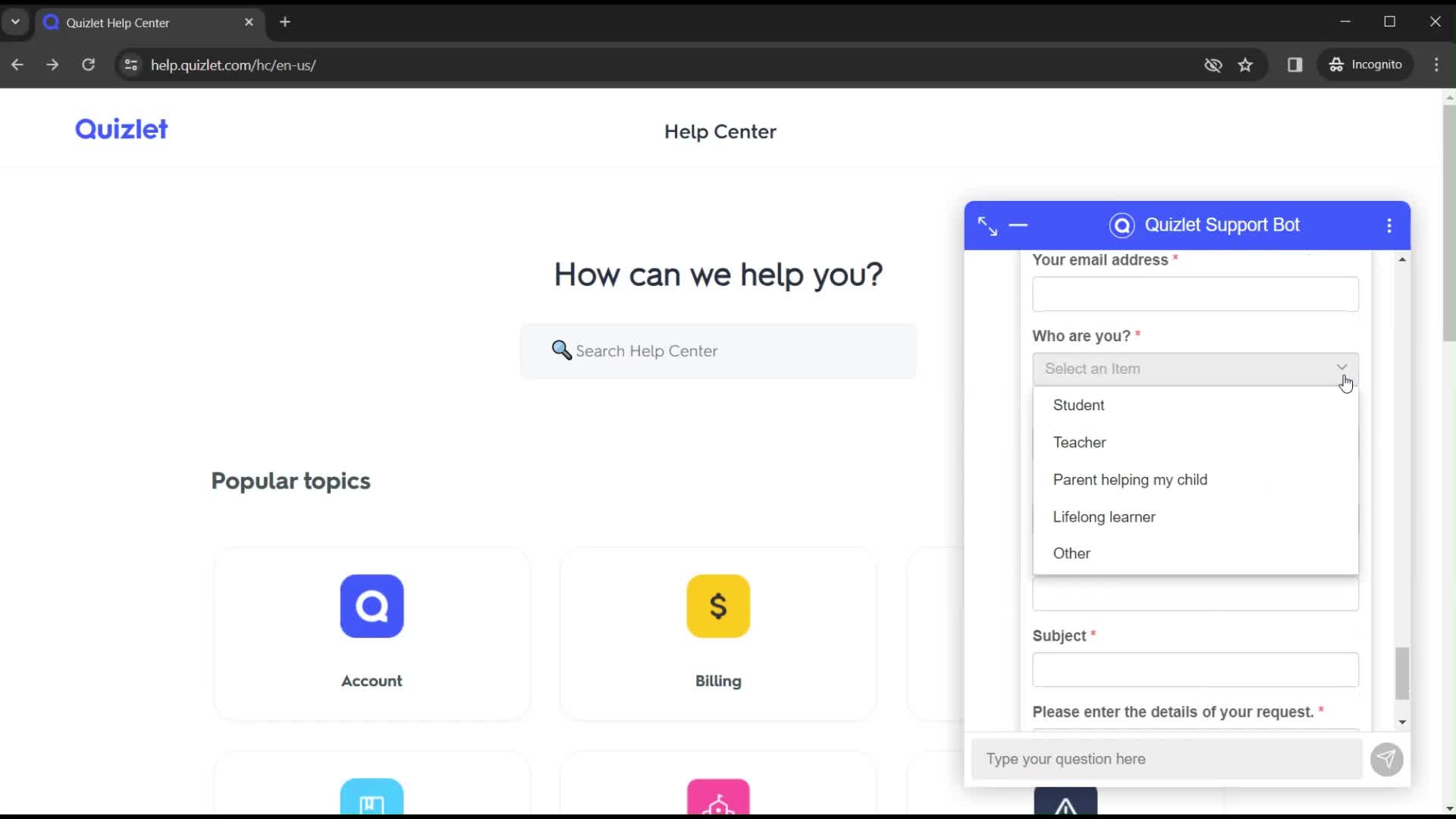 Help center screenshot