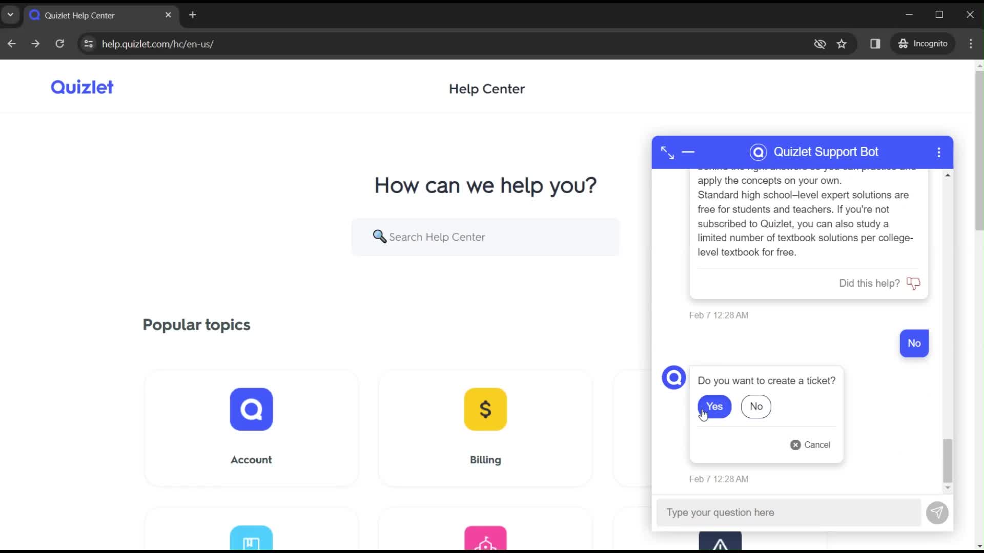 Help center screenshot