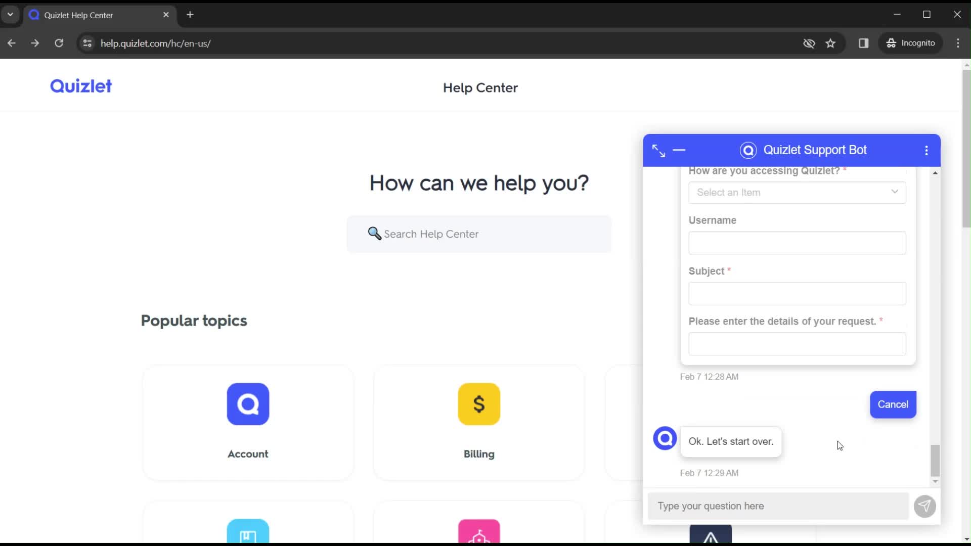 Help center screenshot