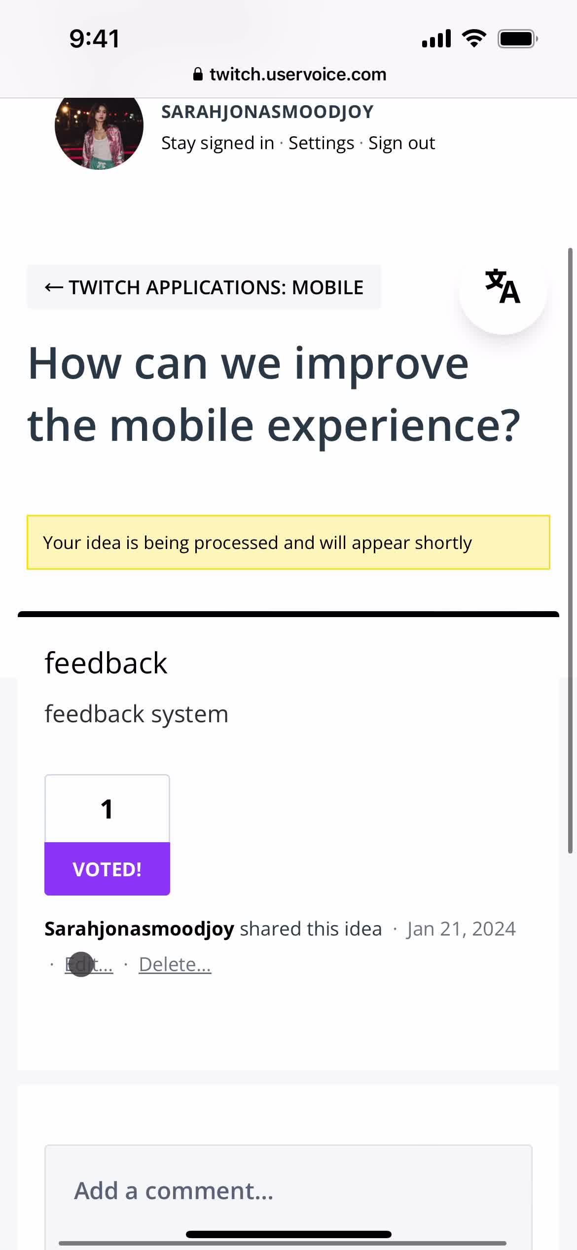 Giving feedback screenshot