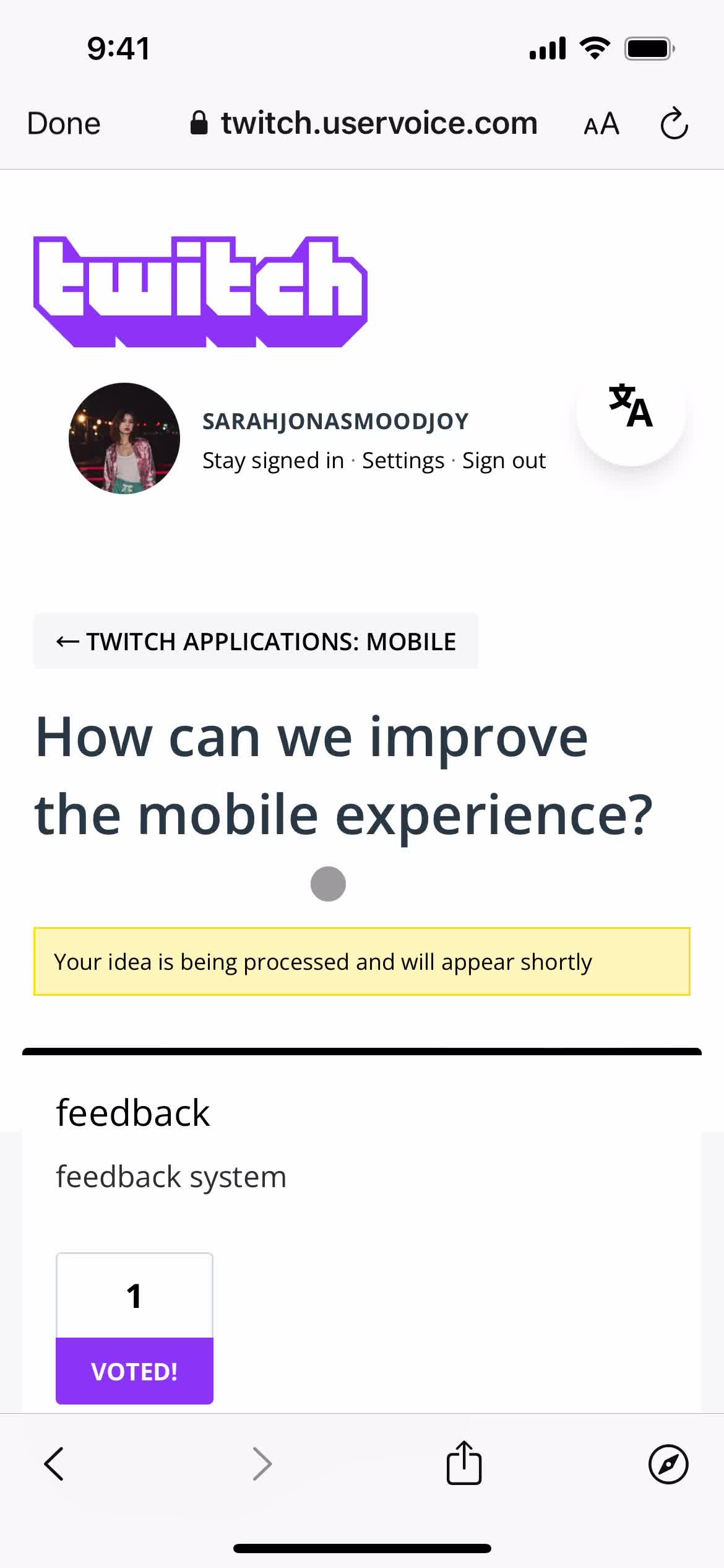 Giving feedback screenshot