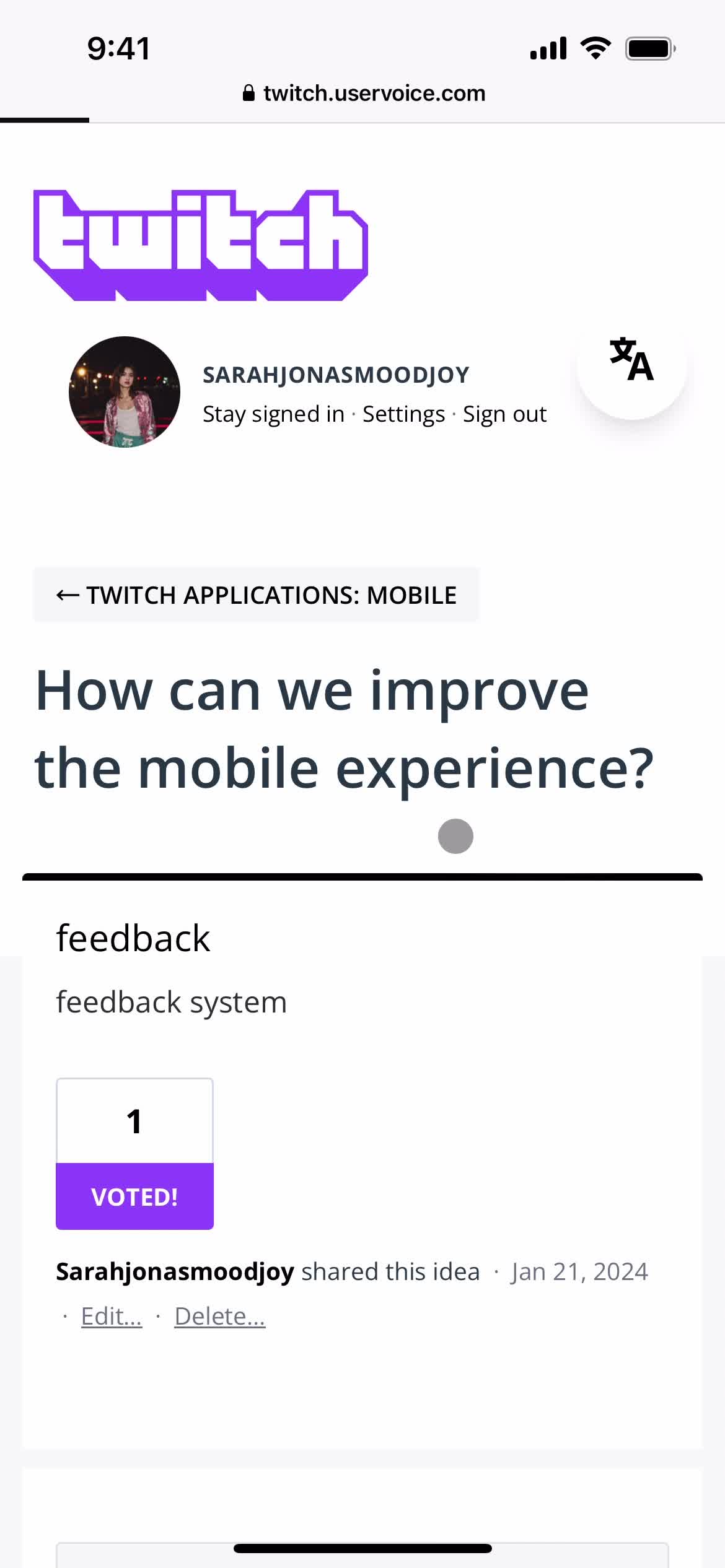 Giving feedback screenshot