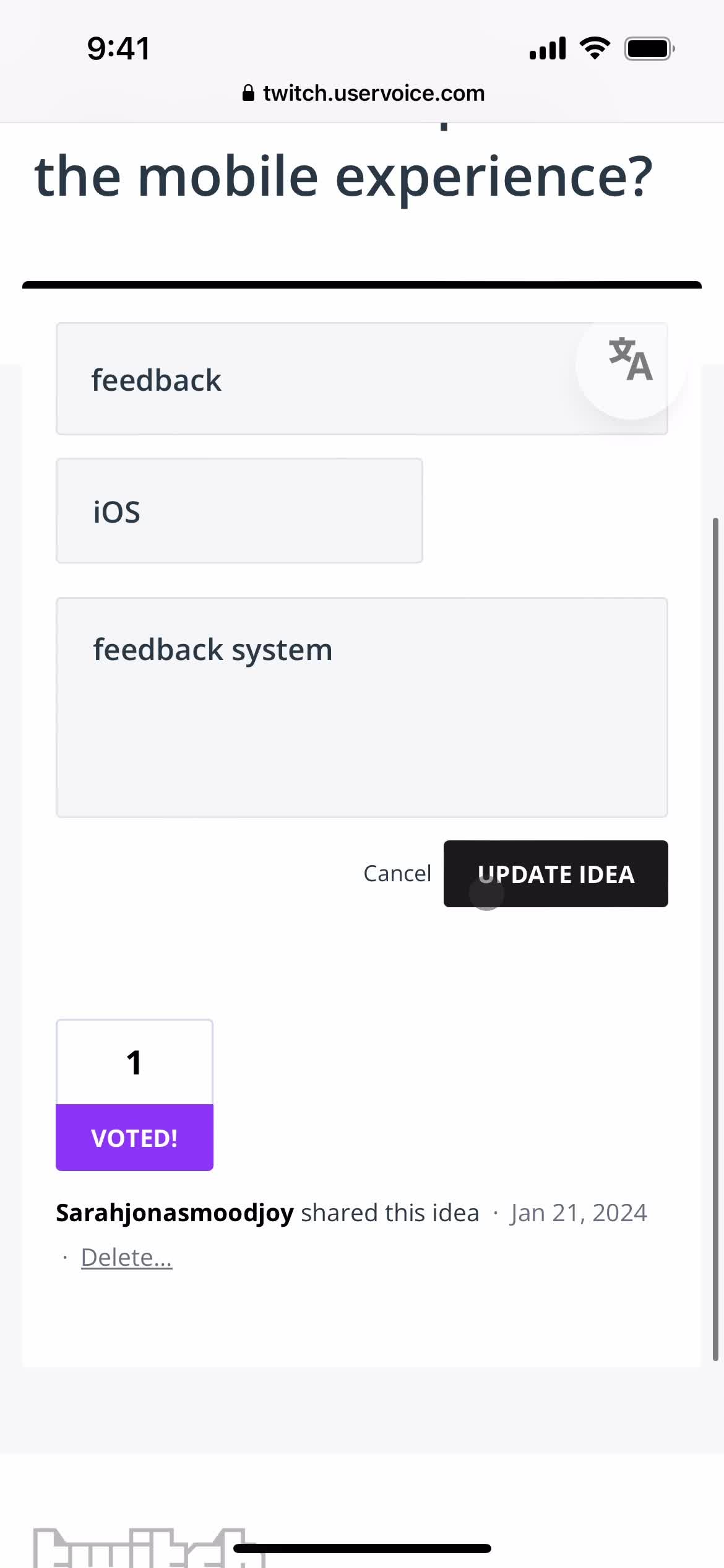 Giving feedback screenshot