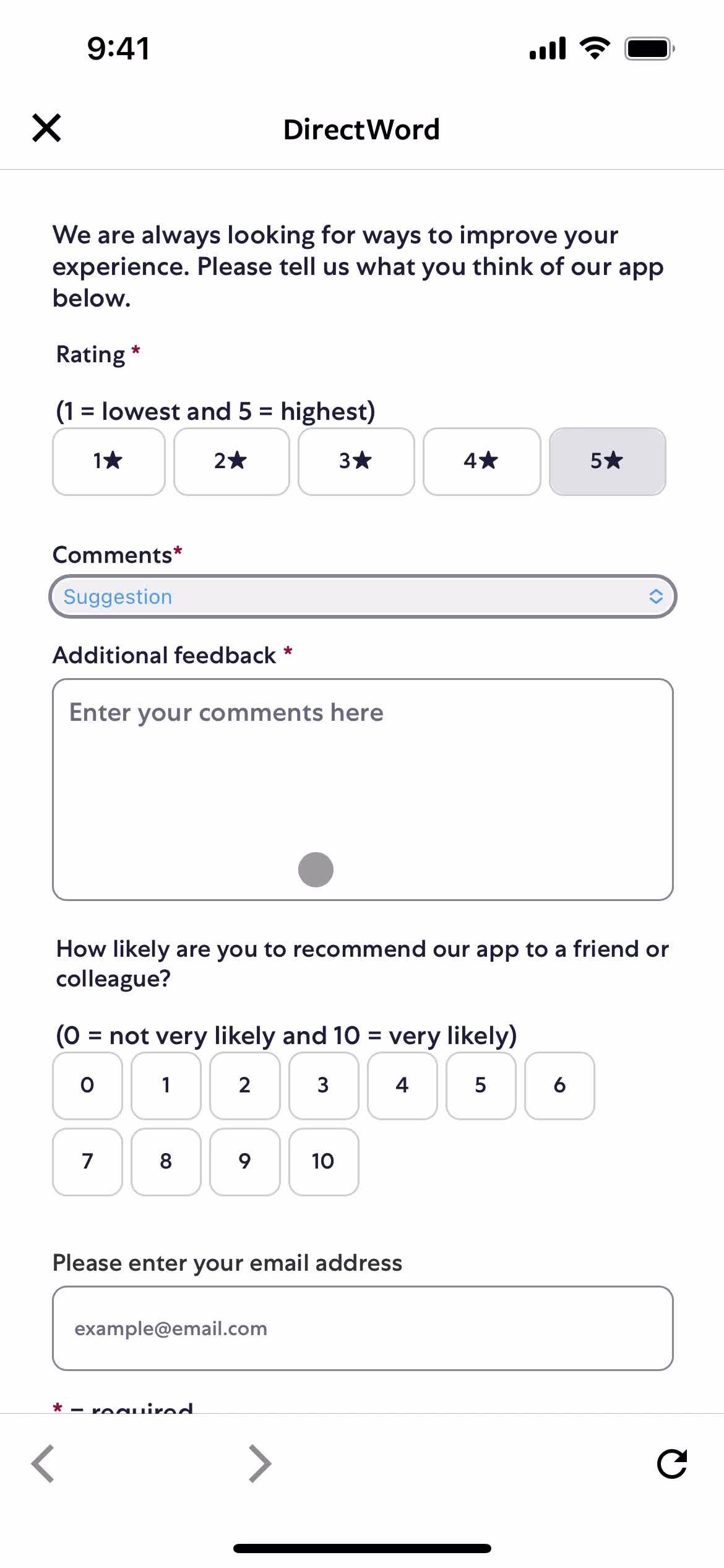 Giving feedback screenshot