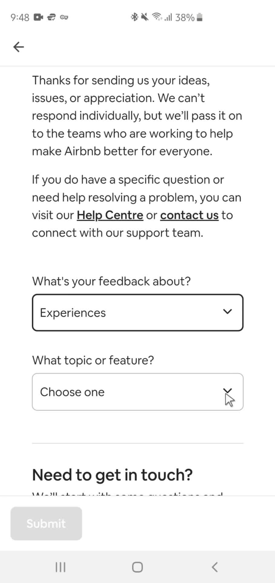 Giving feedback screenshot