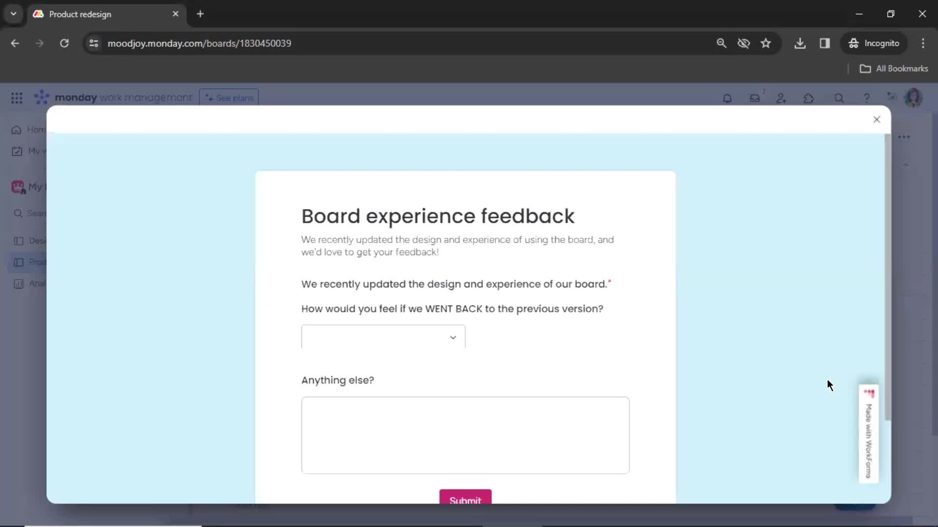 Giving feedback screenshot