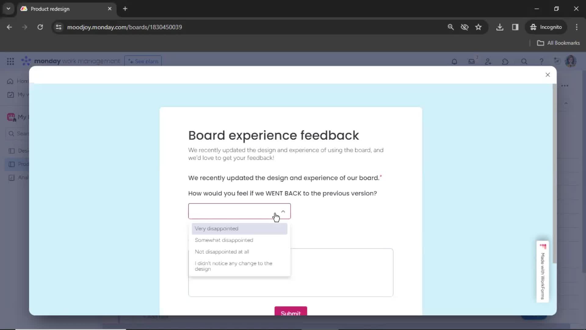 Giving feedback screenshot