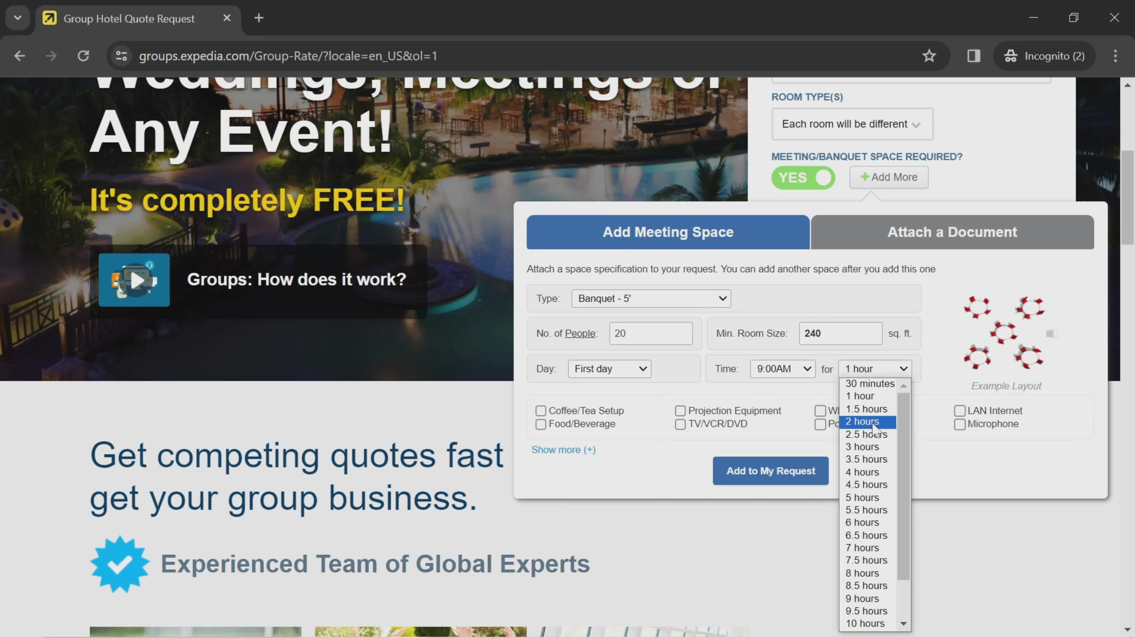 Group booking screenshot