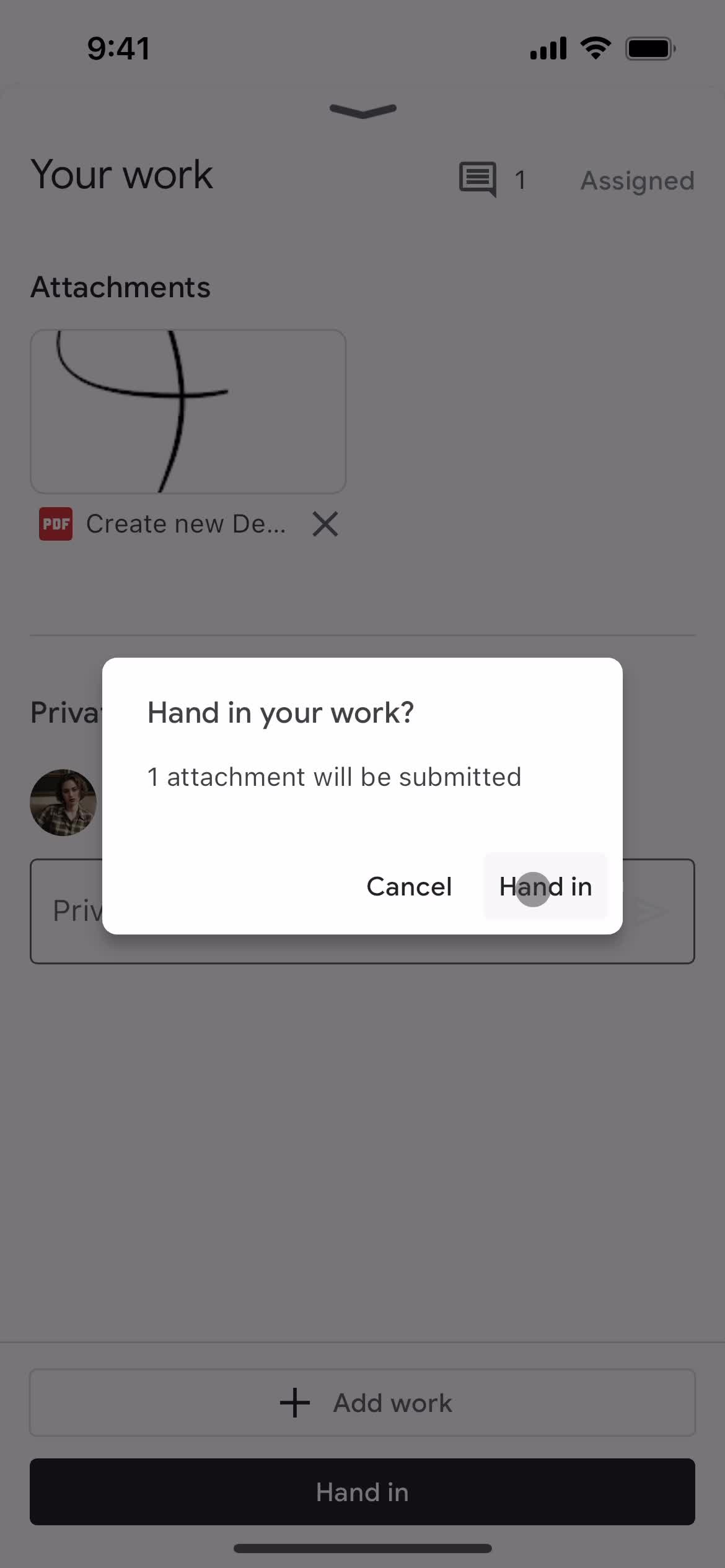 Handing in an assignment screenshot