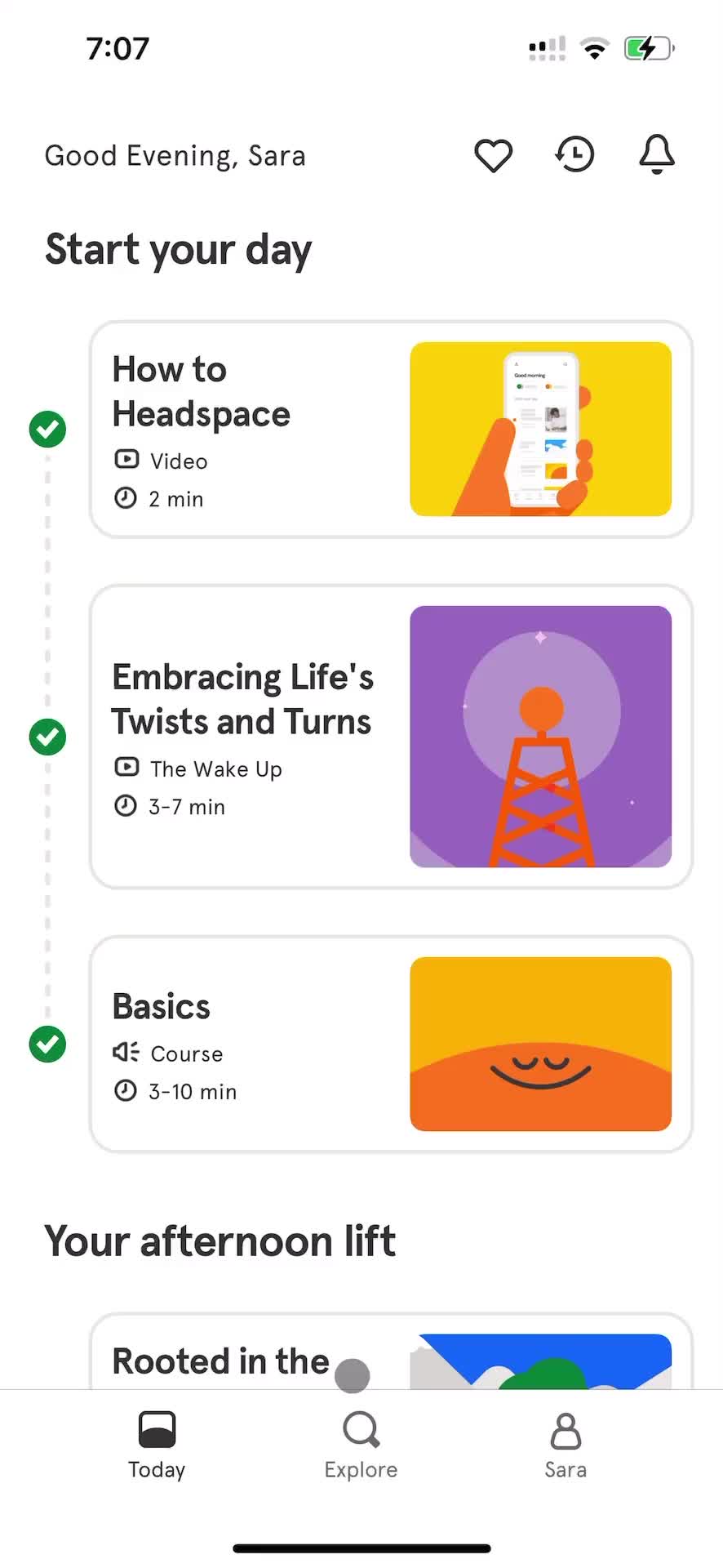 Screenshot of Home on Discovering content on Headspace user flow