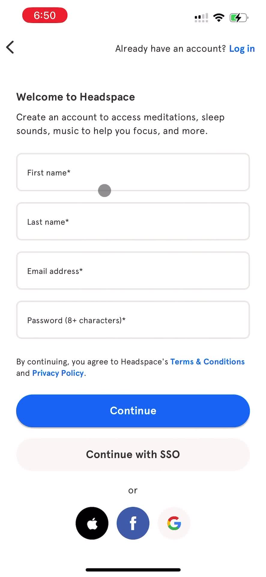 Headspace sign up screenshot
