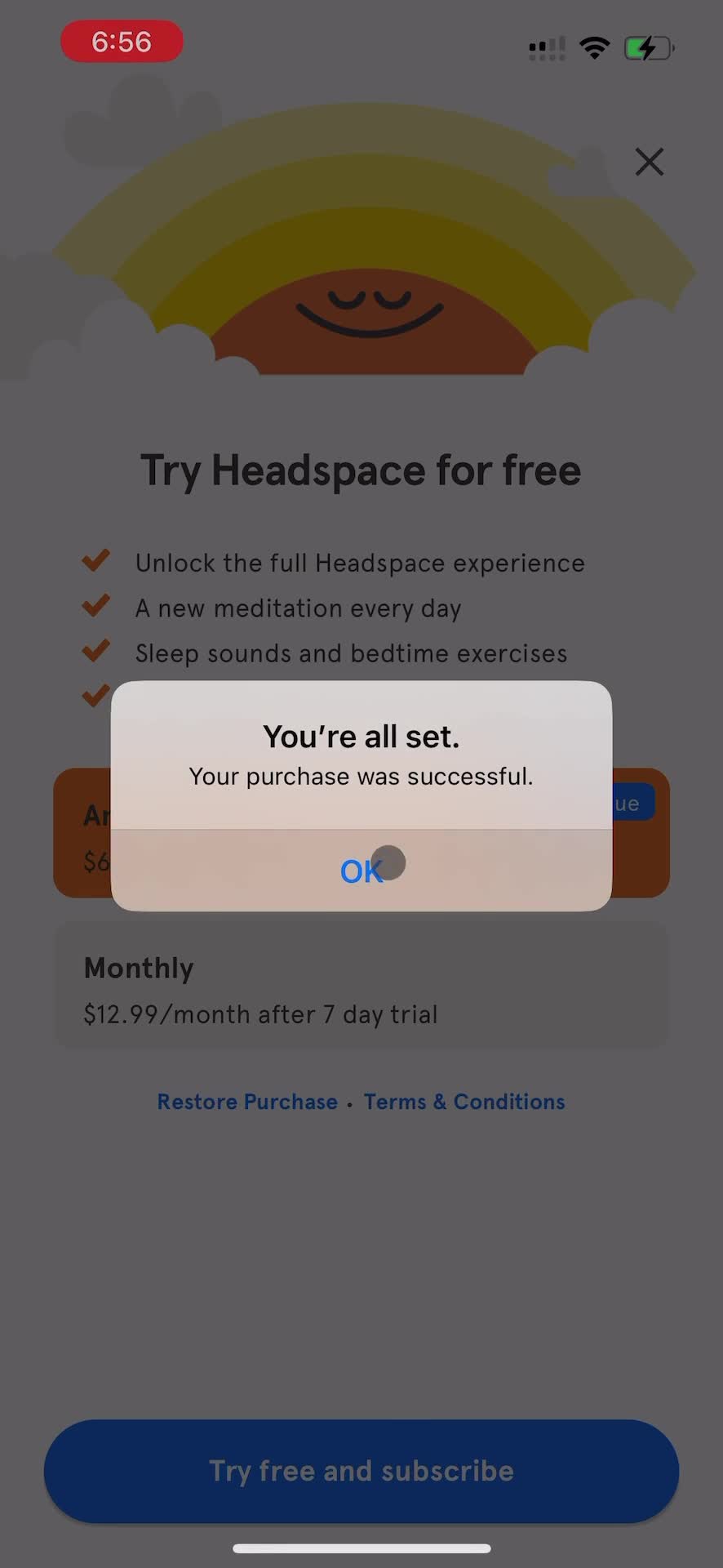 Screenshot of Purchase successful on Upgrading your account on Headspace user flow