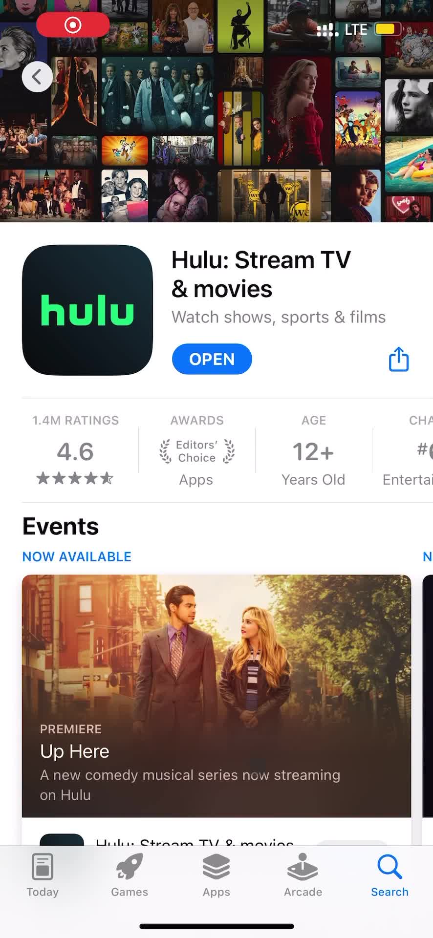 Screenshot of App store listing on Onboarding on Hulu user flow