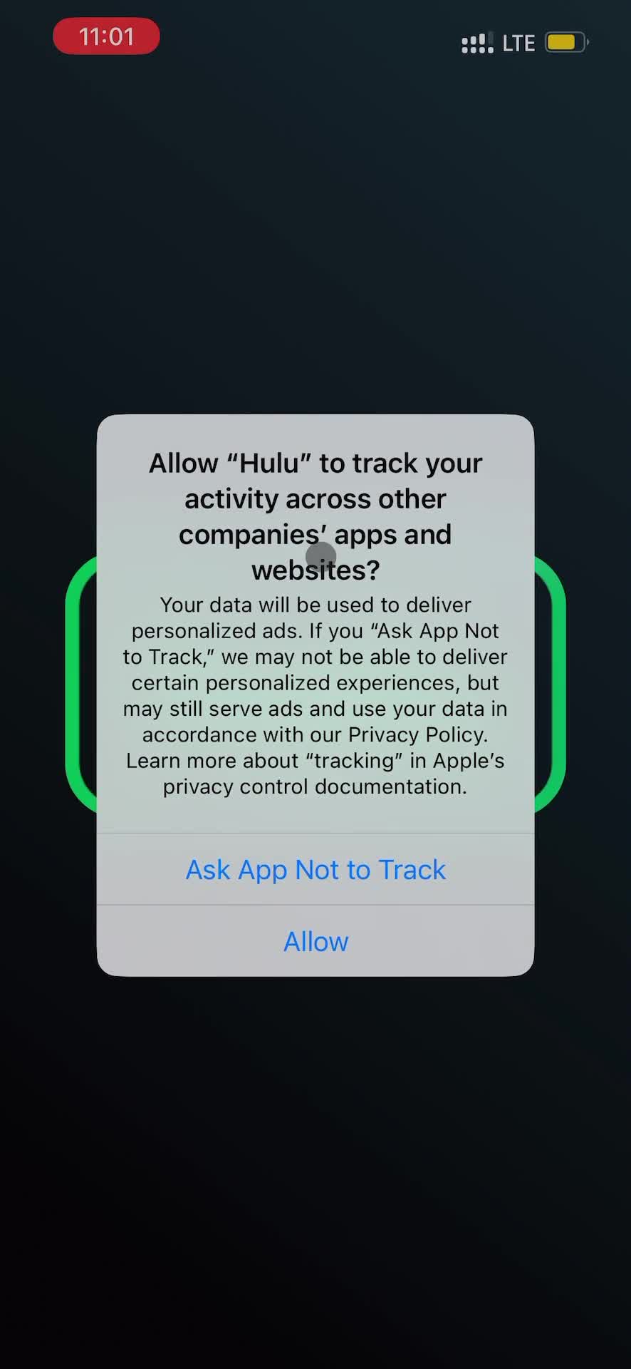 Screenshot of Enable tracking on Onboarding on Hulu user flow