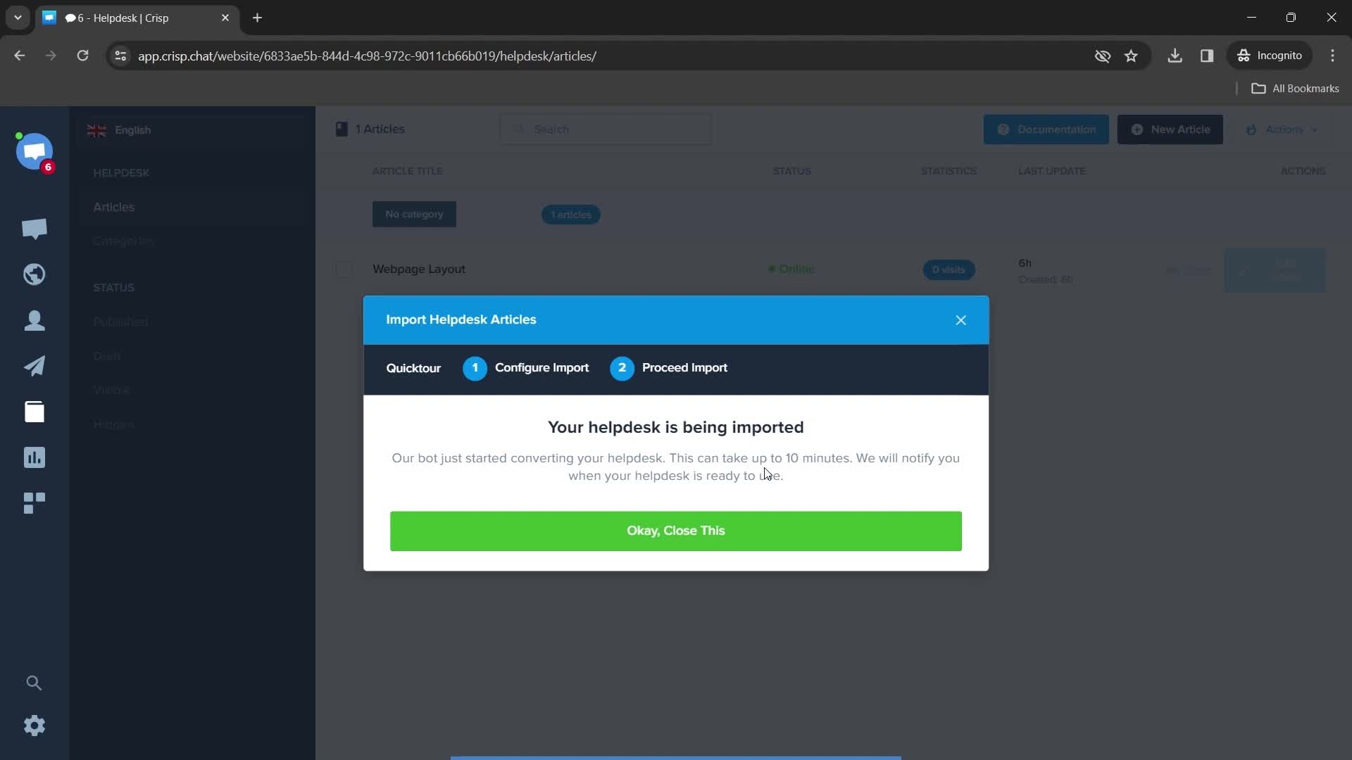 Importing helpdesk articles screenshot