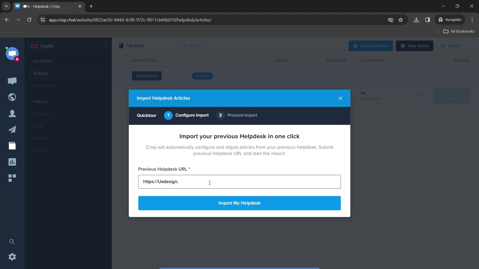 Importing helpdesk articles screenshot
