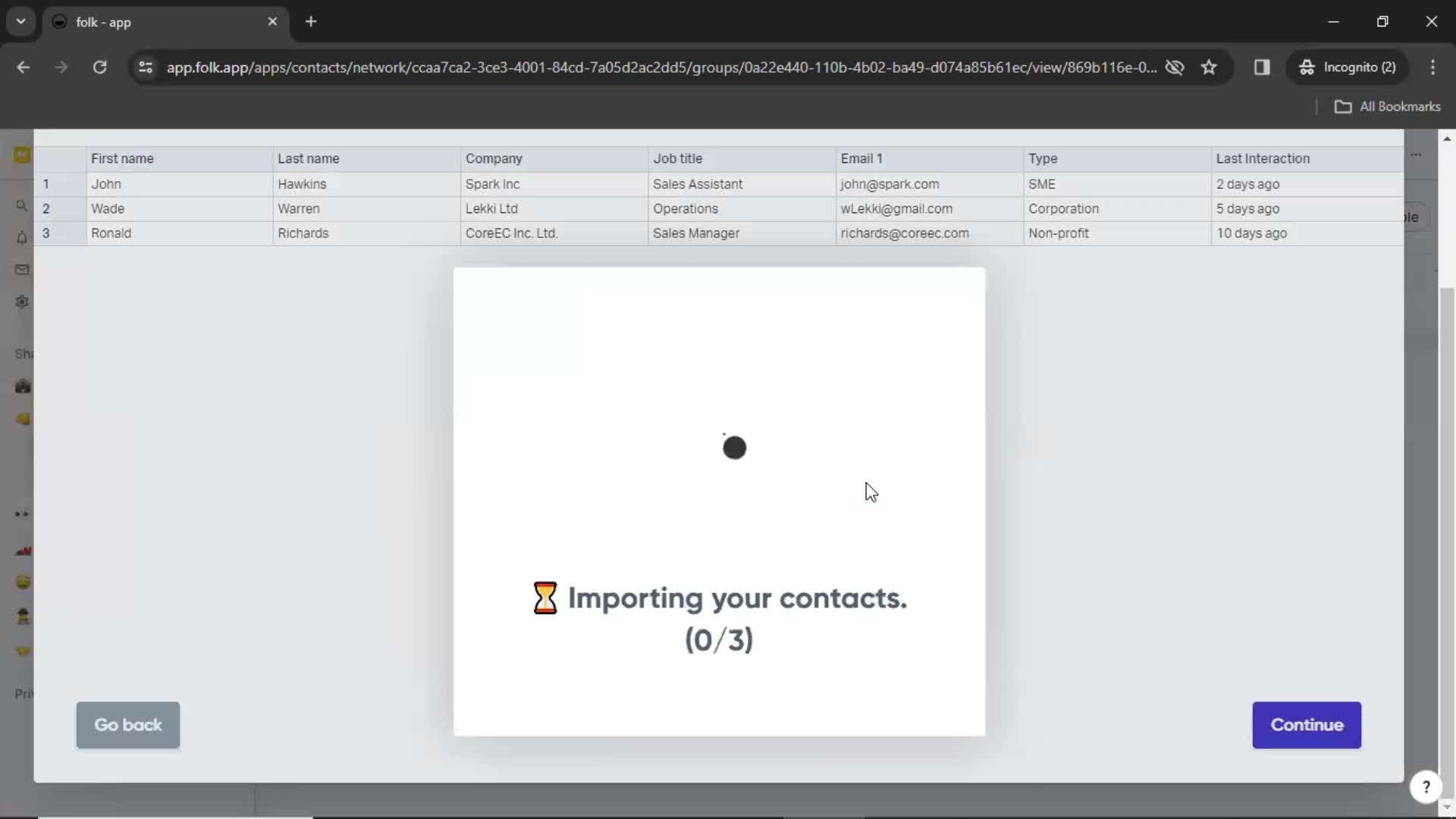 Importing contacts screenshot