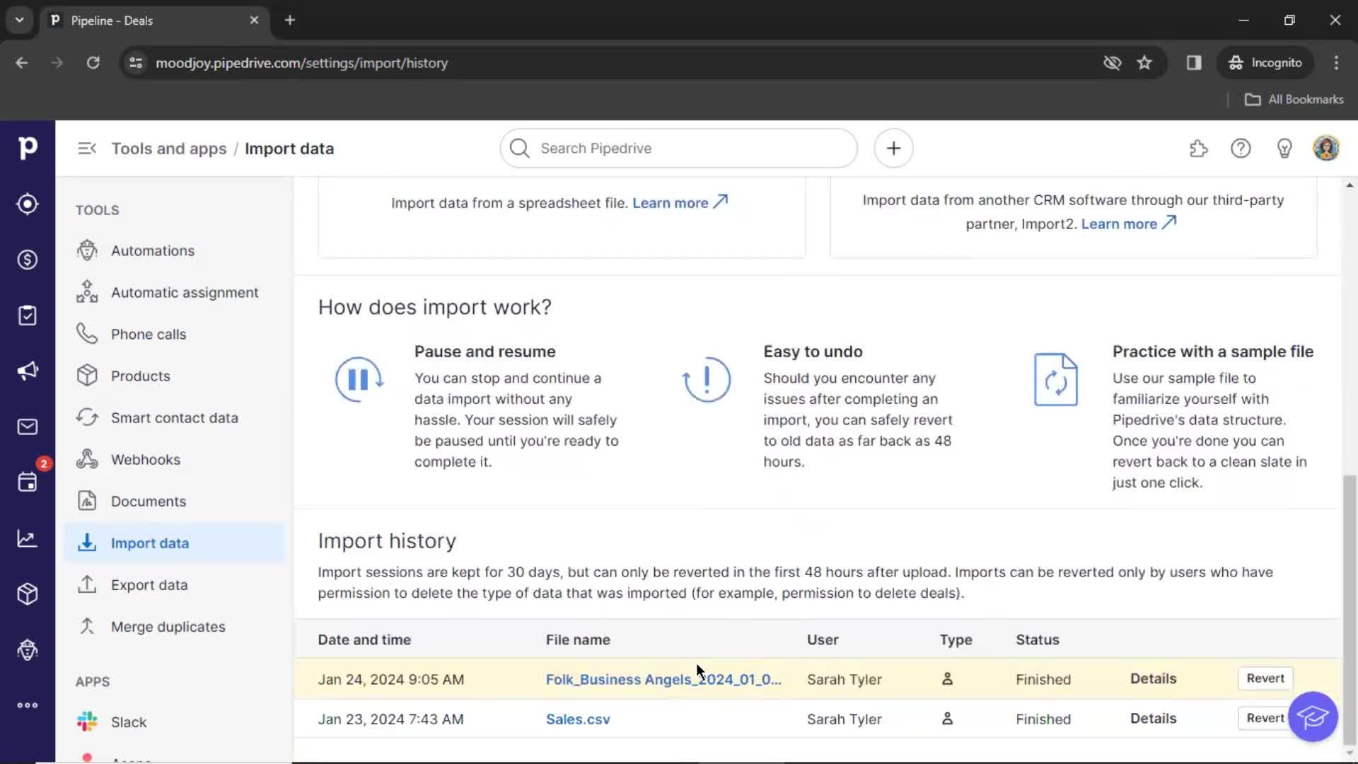 Importing data screenshot