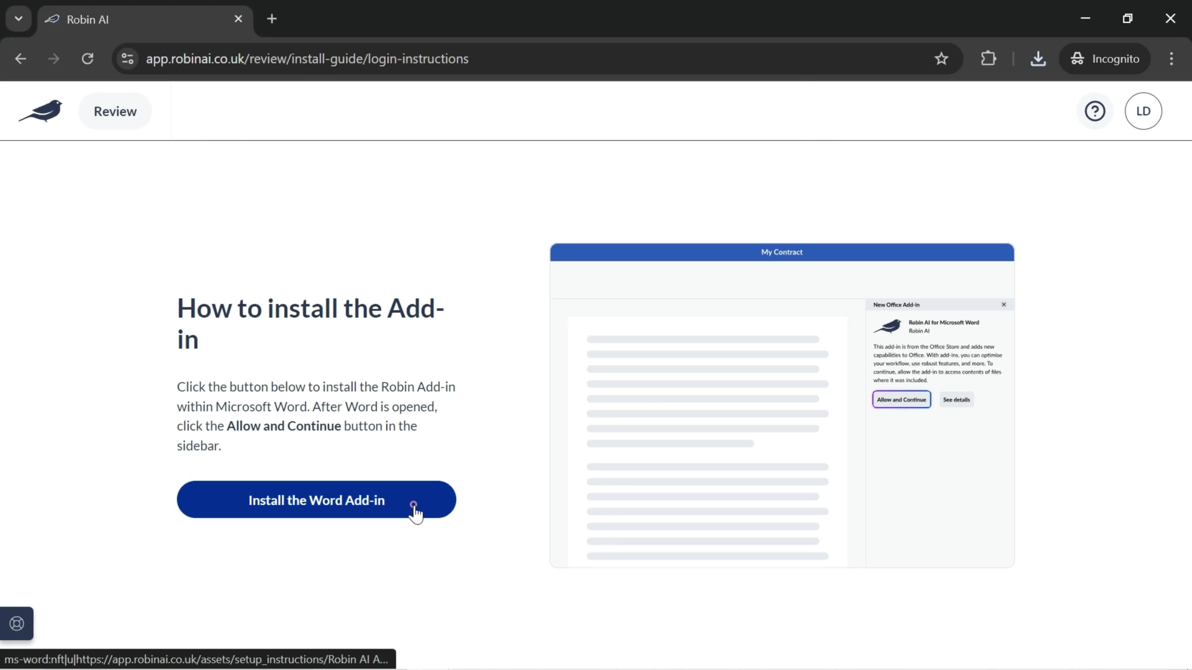 Installing add-in screenshot