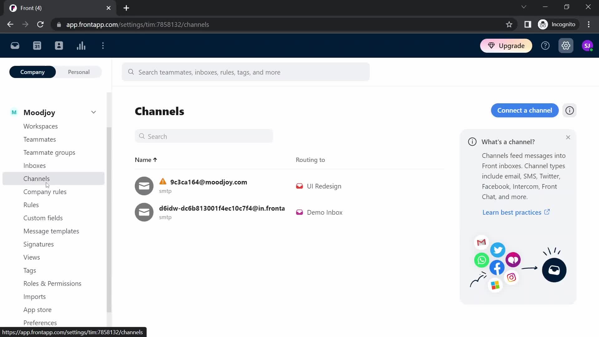 Screenshot of Channels on Installing a widget on Front user flow