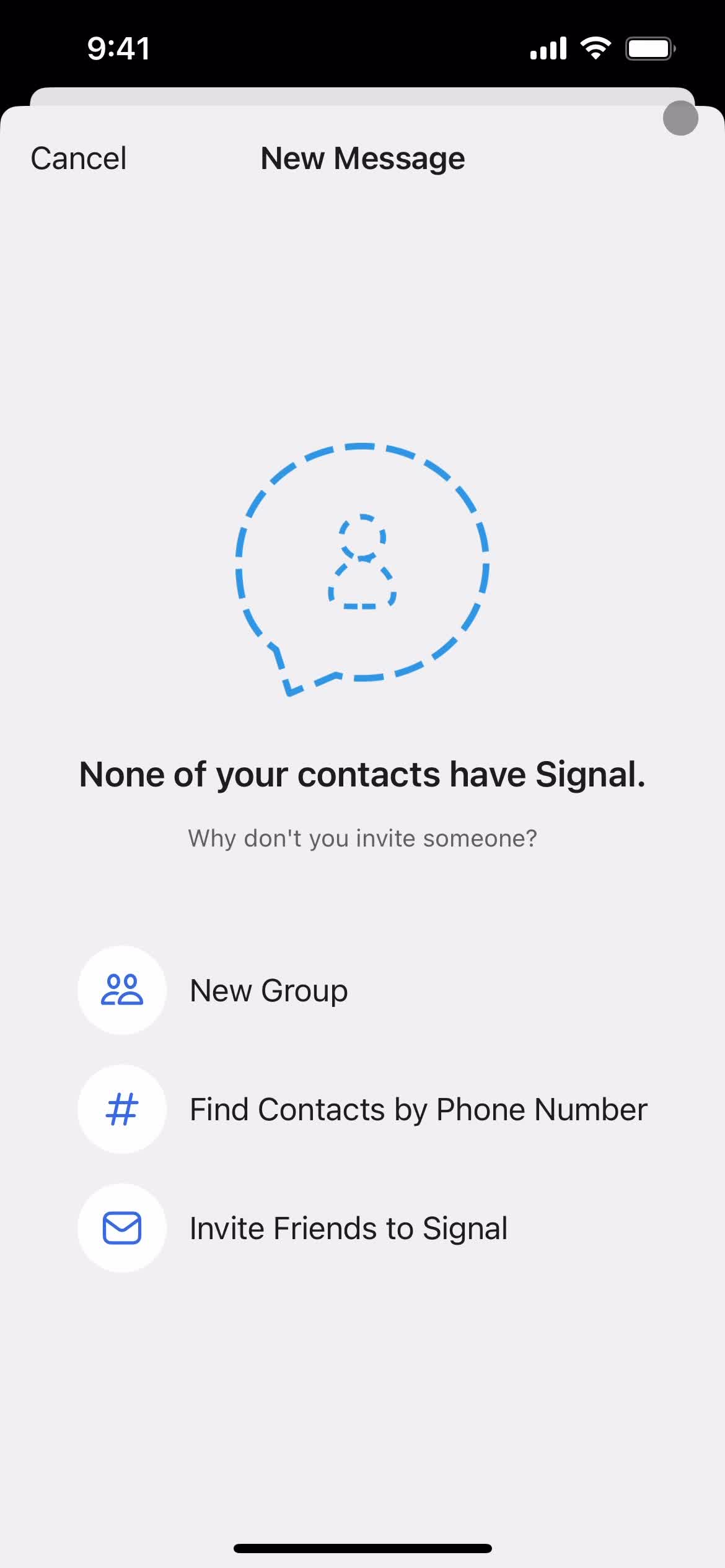 Screenshot of Create new message on Inviting people on Signal user flow