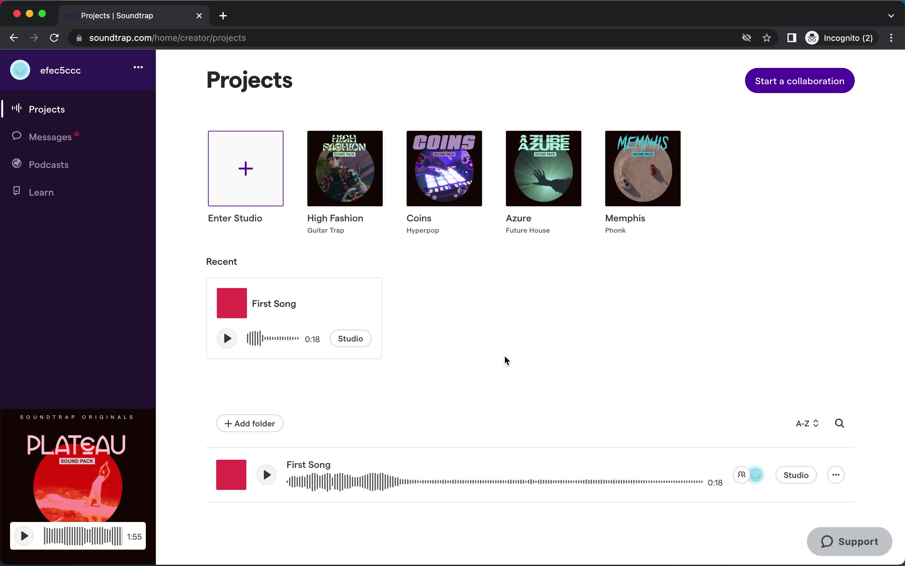 Screenshot of Projects on Inviting people on Soundtrap user flow