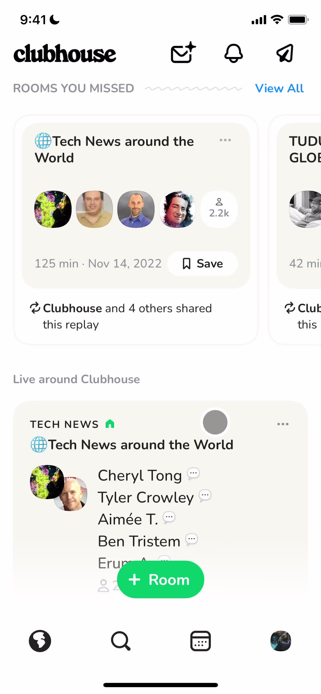 Screenshot of Home on Inviting people on Clubhouse user flow