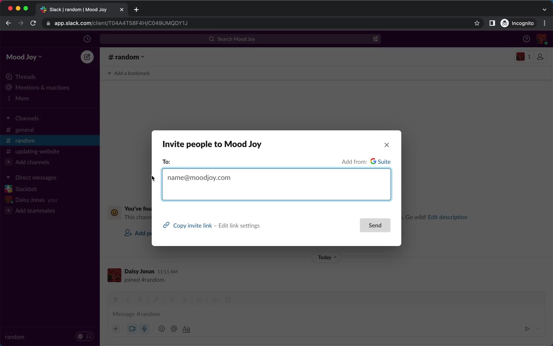Screenshot of Invite people on Inviting people on Slack user flow