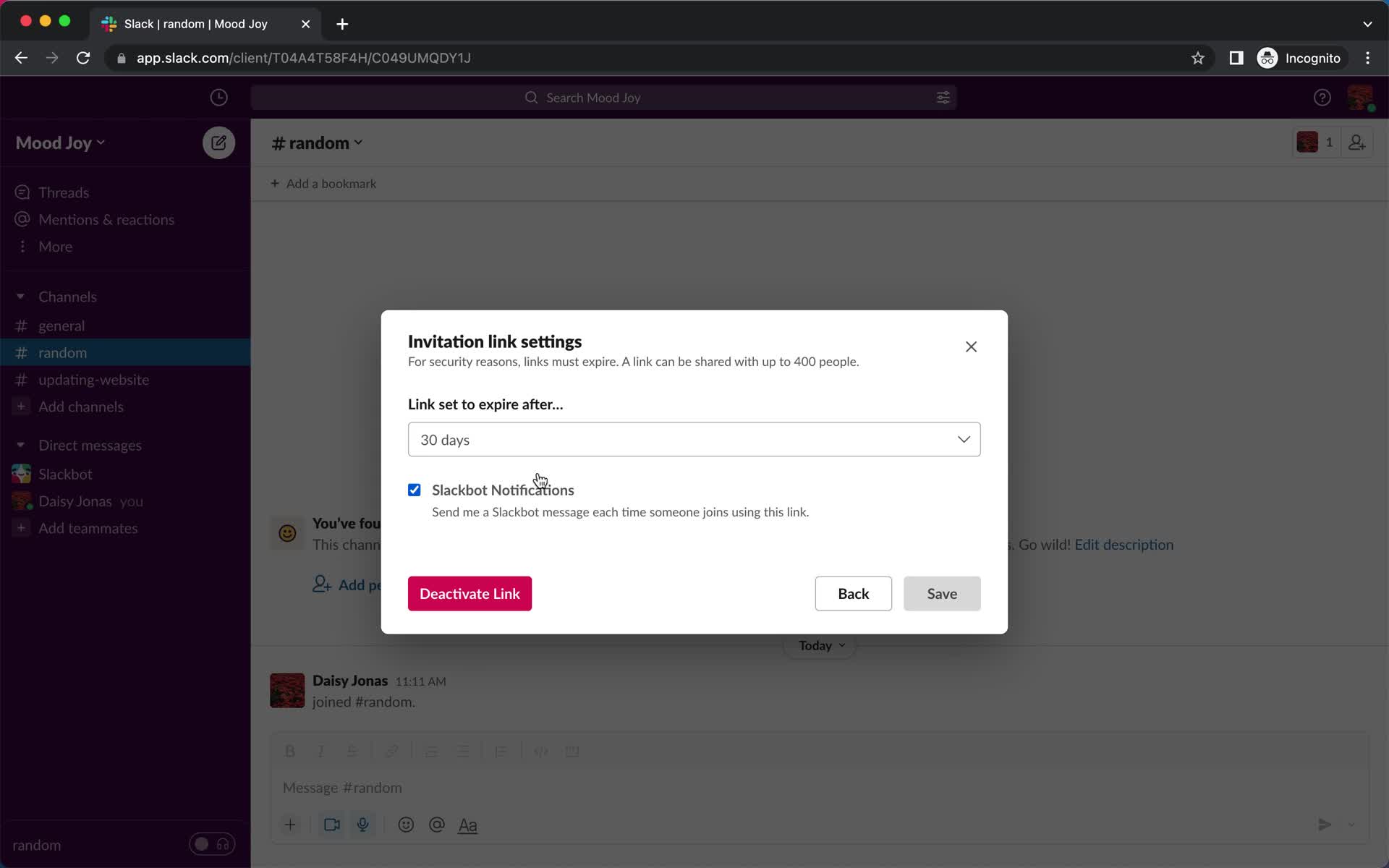 Screenshot of Invite link settings on Inviting people on Slack user flow