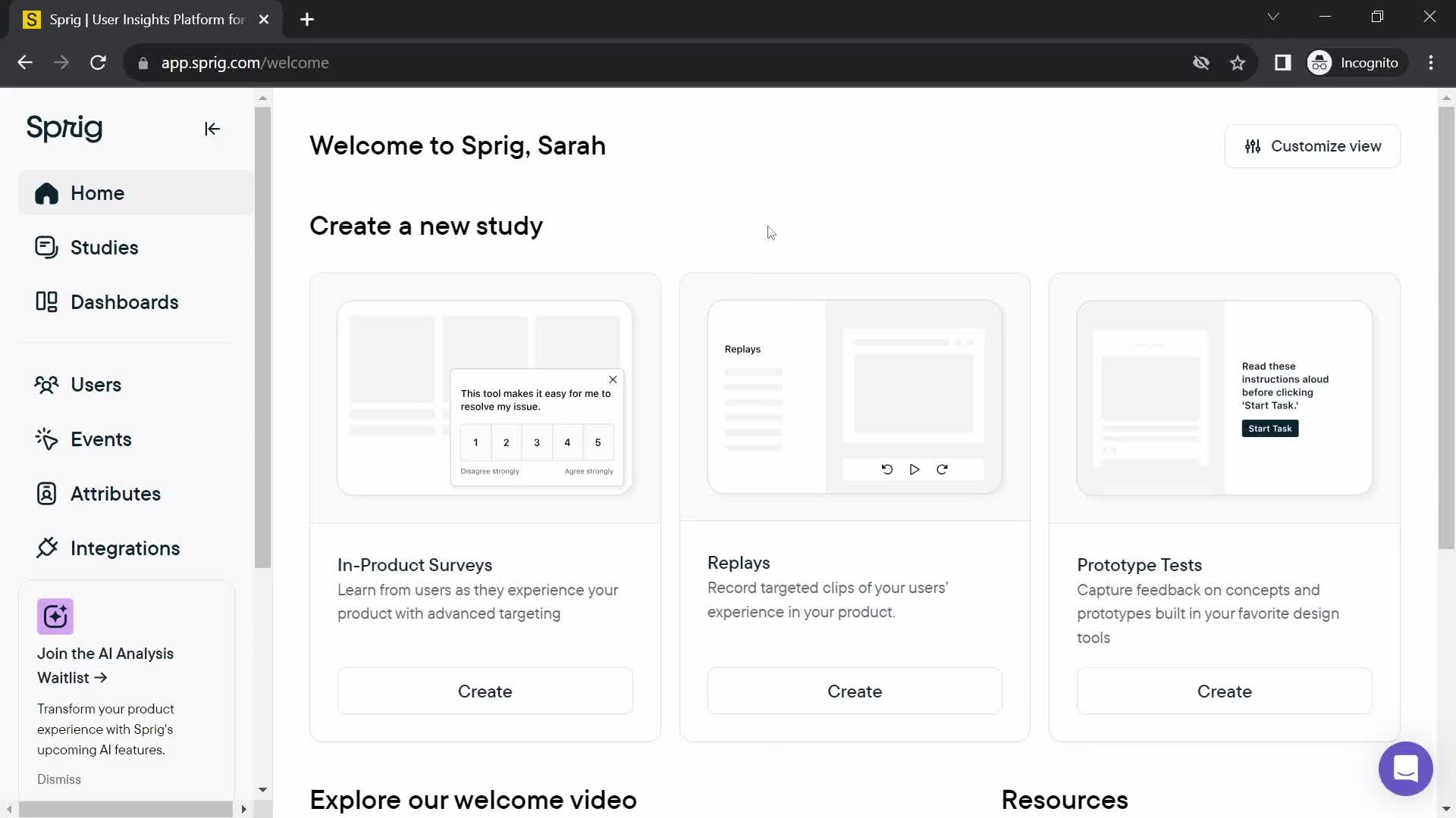 Screenshot of Home on Inviting people on Sprig user flow