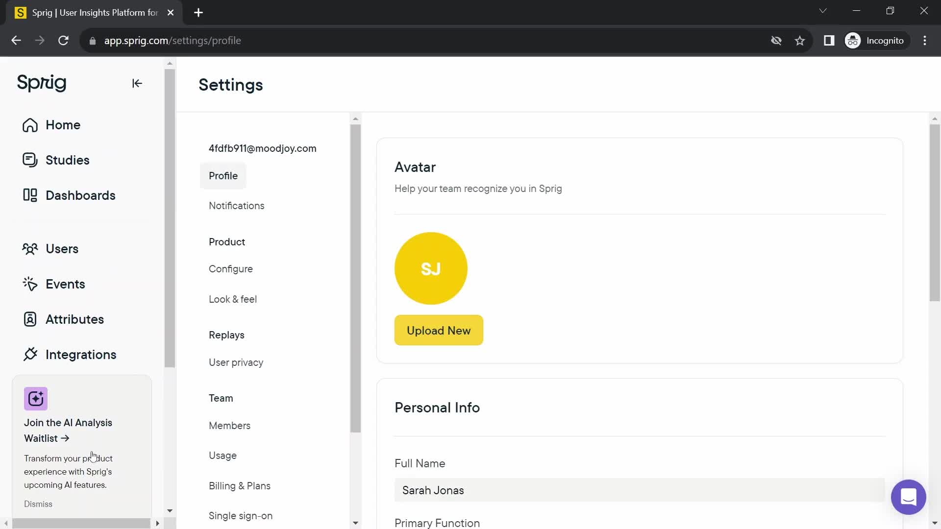 Screenshot of Settings on Inviting people on Sprig user flow