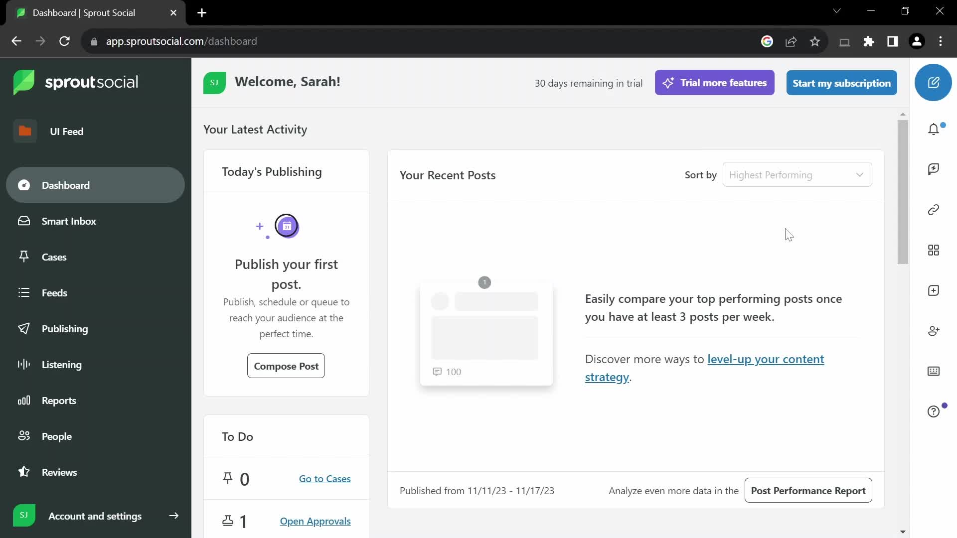 Screenshot of Dashboard on Inviting people on Sprout Social user flow