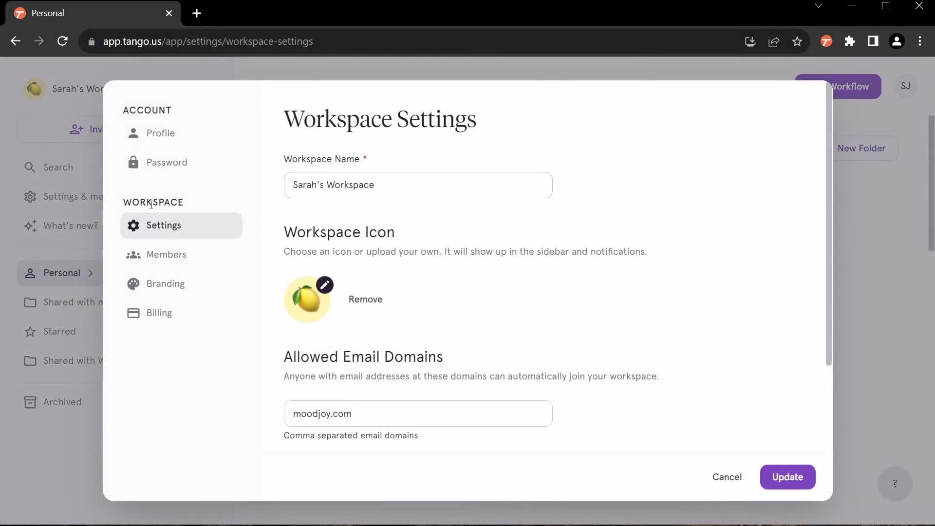 Screenshot of Workspace settings on Inviting people on Tango user flow